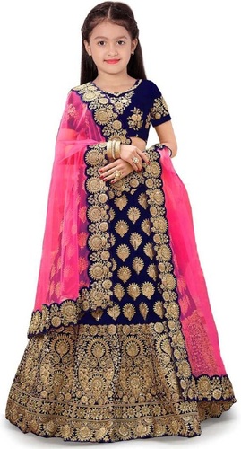 Girls Lehenga Choli Set - Silk Fabric, Customized Size 5-15 Years, Blue Color with Embroidered Detailing, Short Sleeves, Breathable for Summer Wear