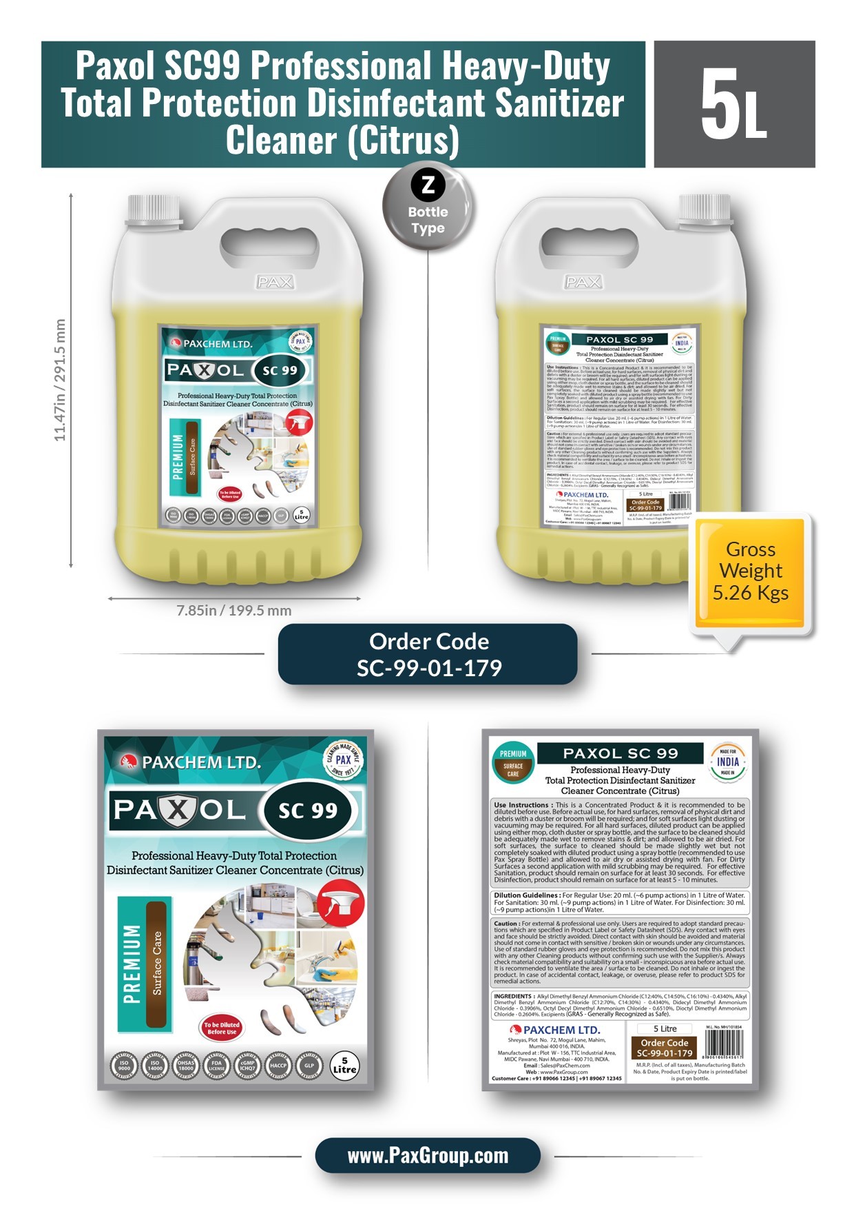 Heavy-duty Multi-surface Paxol Sc 99 - Professional Heavy Duty Total Protection Disinfectant Sanitizer Cleaner Concentrate