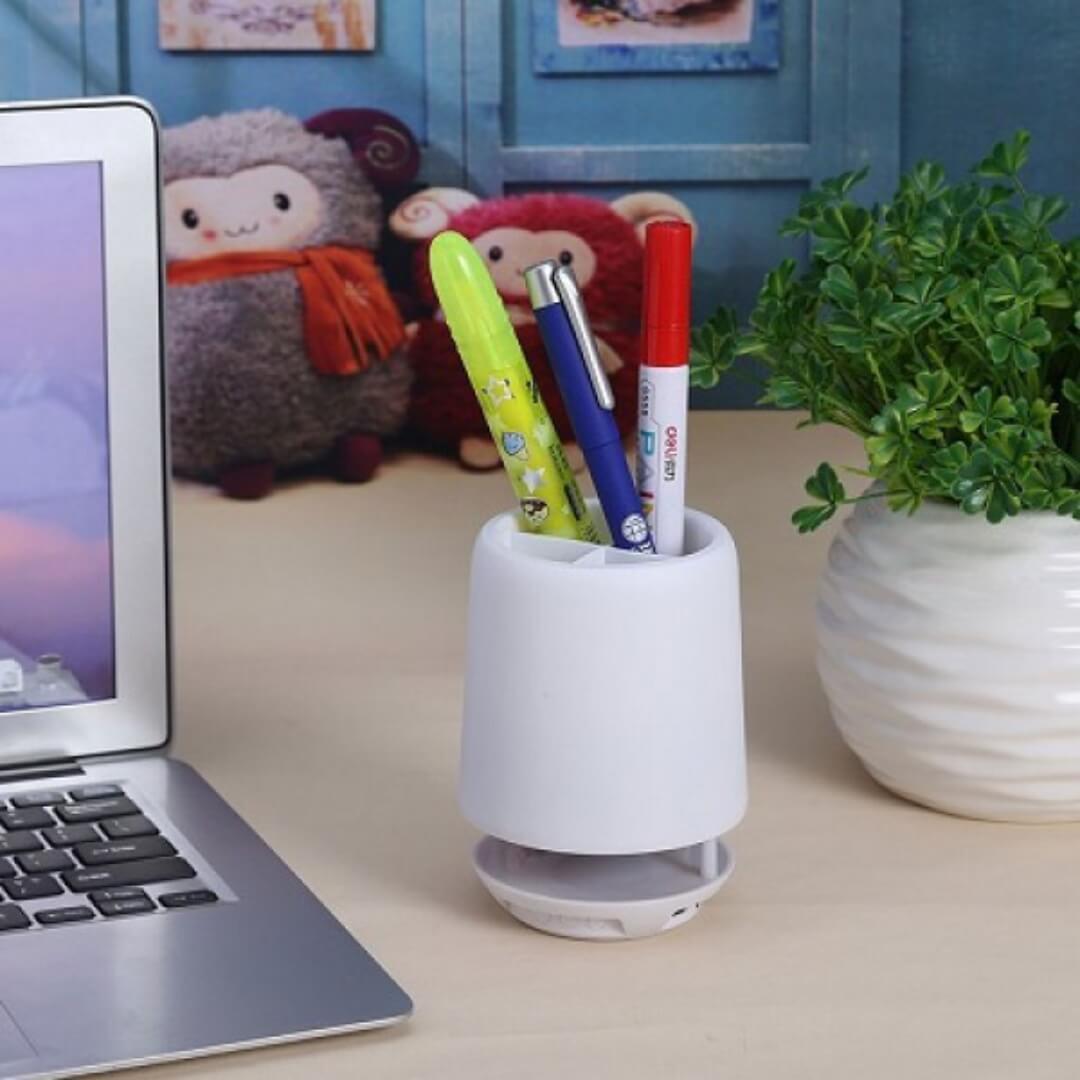 Pen Stand Bluetooth Portable Speaker - White, Supports Aux-in, Bluetooth, Fm Radio, Sd Card, Usb | Features Hands-free Calls, Energy-saving Led Light, Long Battery Life