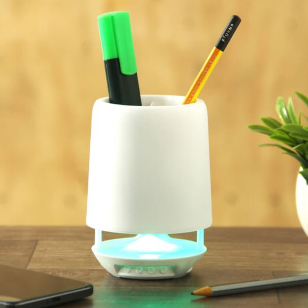 Pen Stand Bluetooth Portable Speaker - White, Supports Aux-in, Bluetooth, Fm Radio, Sd Card, Usb | Features Hands-free Calls, Energy-saving Led Light, Long Battery Life