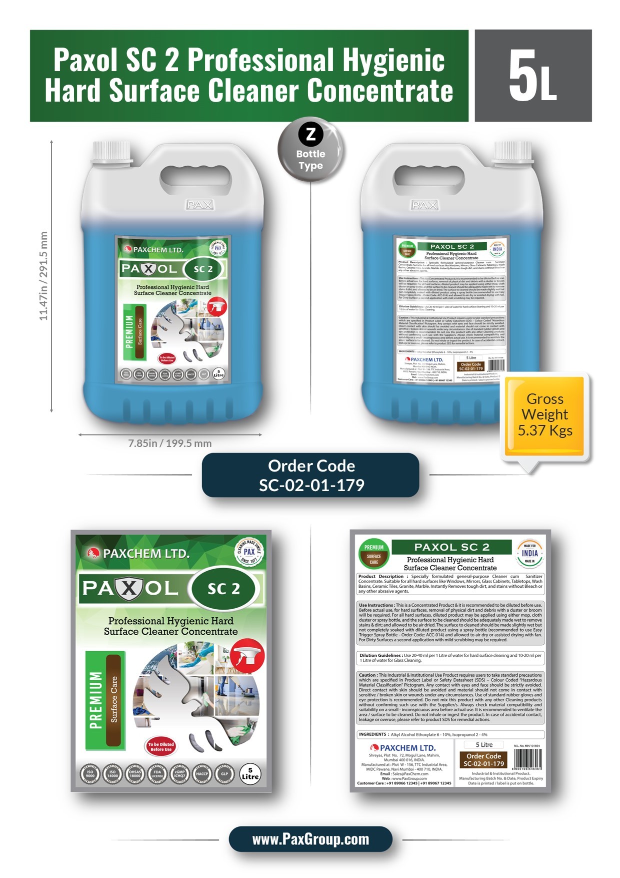 Paxol Sc 2 - Professional Hygienic Hard Surface Cleaner Concentrate Size: 5 L