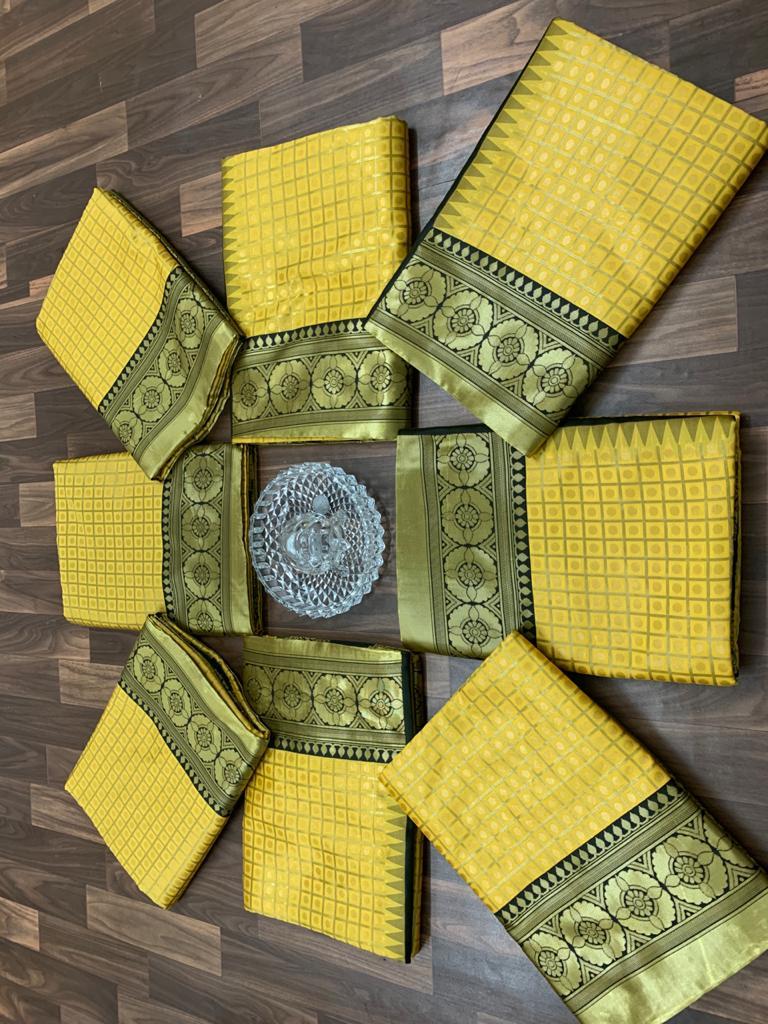Saree New Launch - Yellow Silk With Unique Gold Zari Cheak & Butta Weave, Floral Butta Series, Bollywood Style For Traditional Occasions
