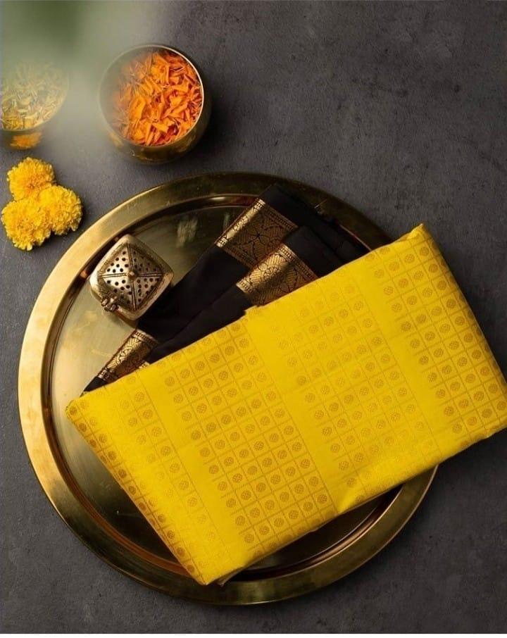 Saree New Launch - Yellow Silk With Unique Gold Zari Cheak & Butta Weave, Floral Butta Series, Bollywood Style For Traditional Occasions