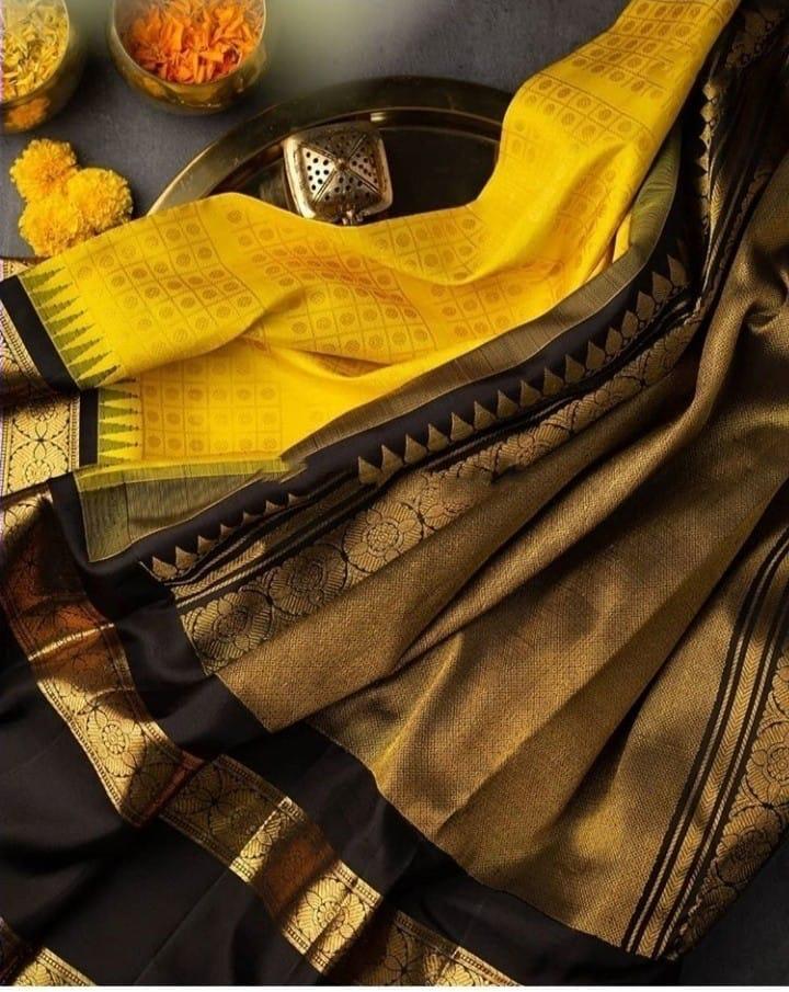 Saree New Launch - Yellow Silk With Unique Gold Zari Cheak & Butta Weave, Floral Butta Series, Bollywood Style For Traditional Occasions