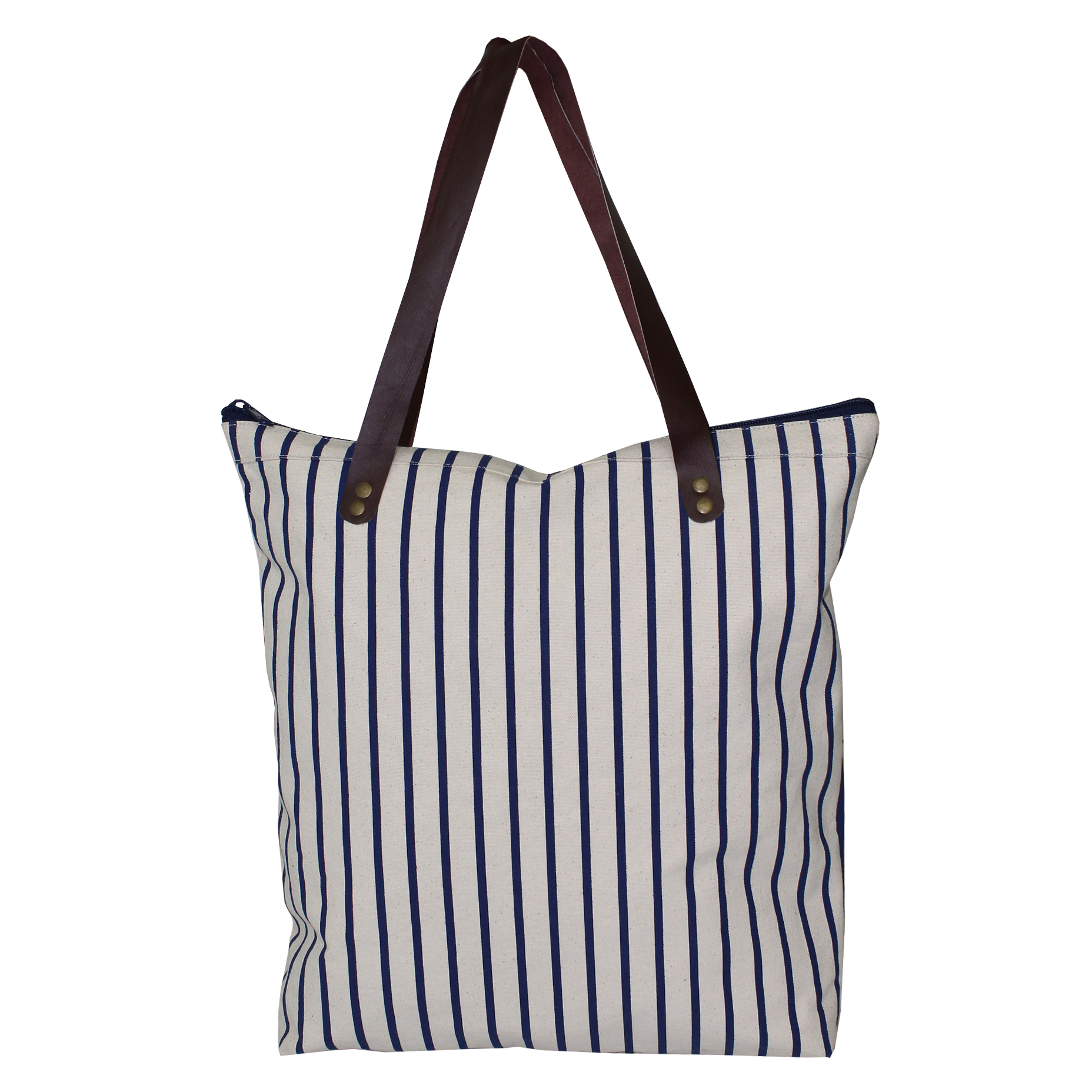 Natural Canvas Tote Bag - 12 Oz With Leather Handle, 40x40x8 Cm Size | Eco-friendly, Reusable, Zip Closure, Striped Design, Multiple Pockets, Customizable Color