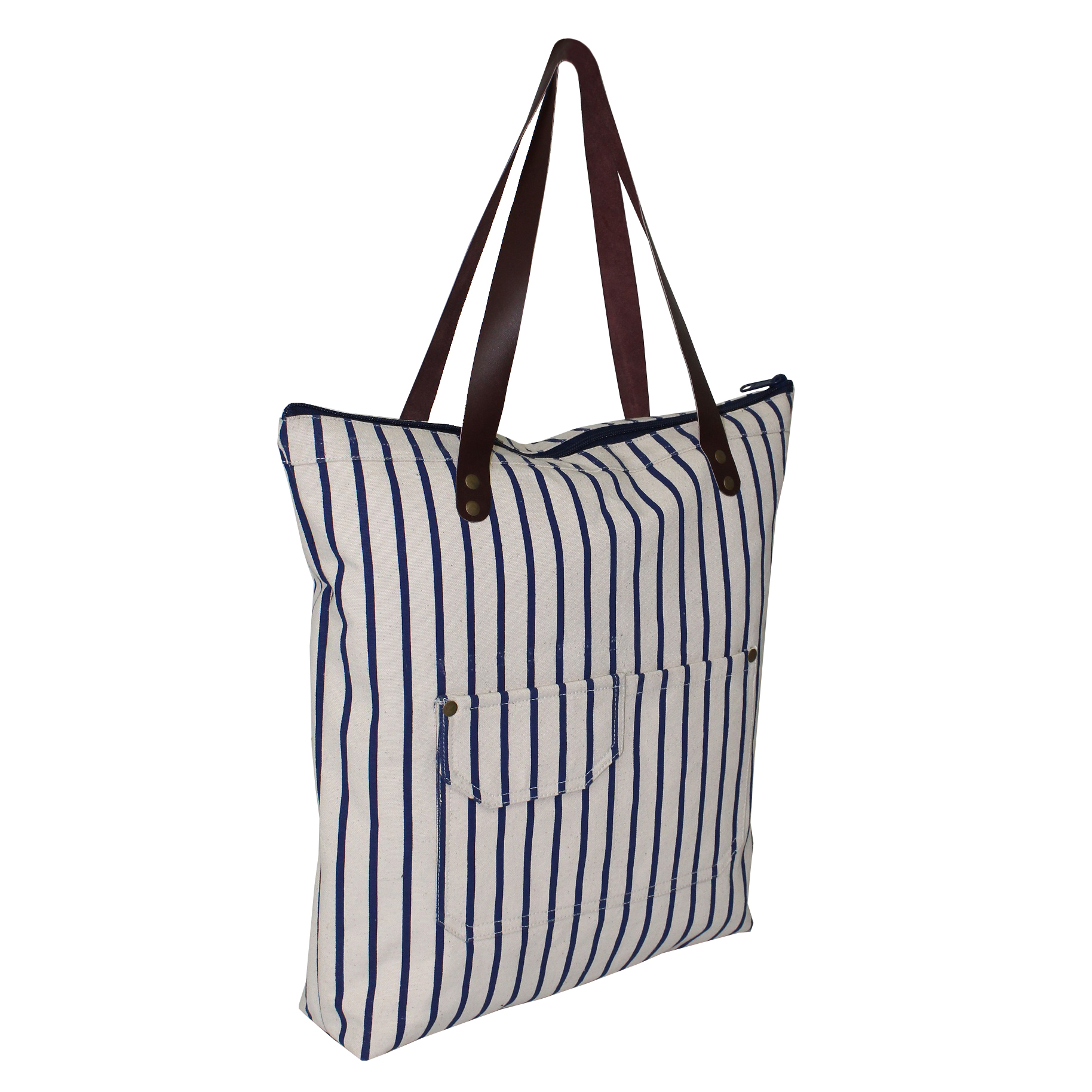 Natural Canvas Tote Bag - 12 Oz With Leather Handle, 40x40x8 Cm Size | Eco-friendly, Reusable, Zip Closure, Striped Design, Multiple Pockets, Customizable Color