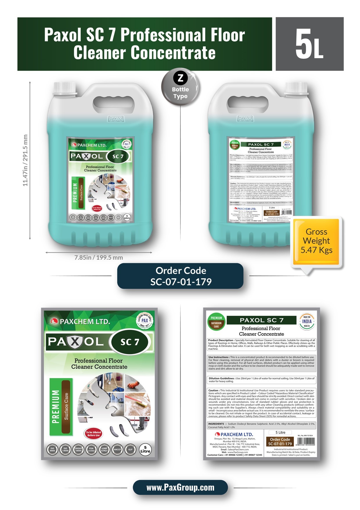 Paxol Sc 7 - 5l Floor Cleaner Concentrate | Fast-acting Shine, Odour Elimination For All Hard Surfaces