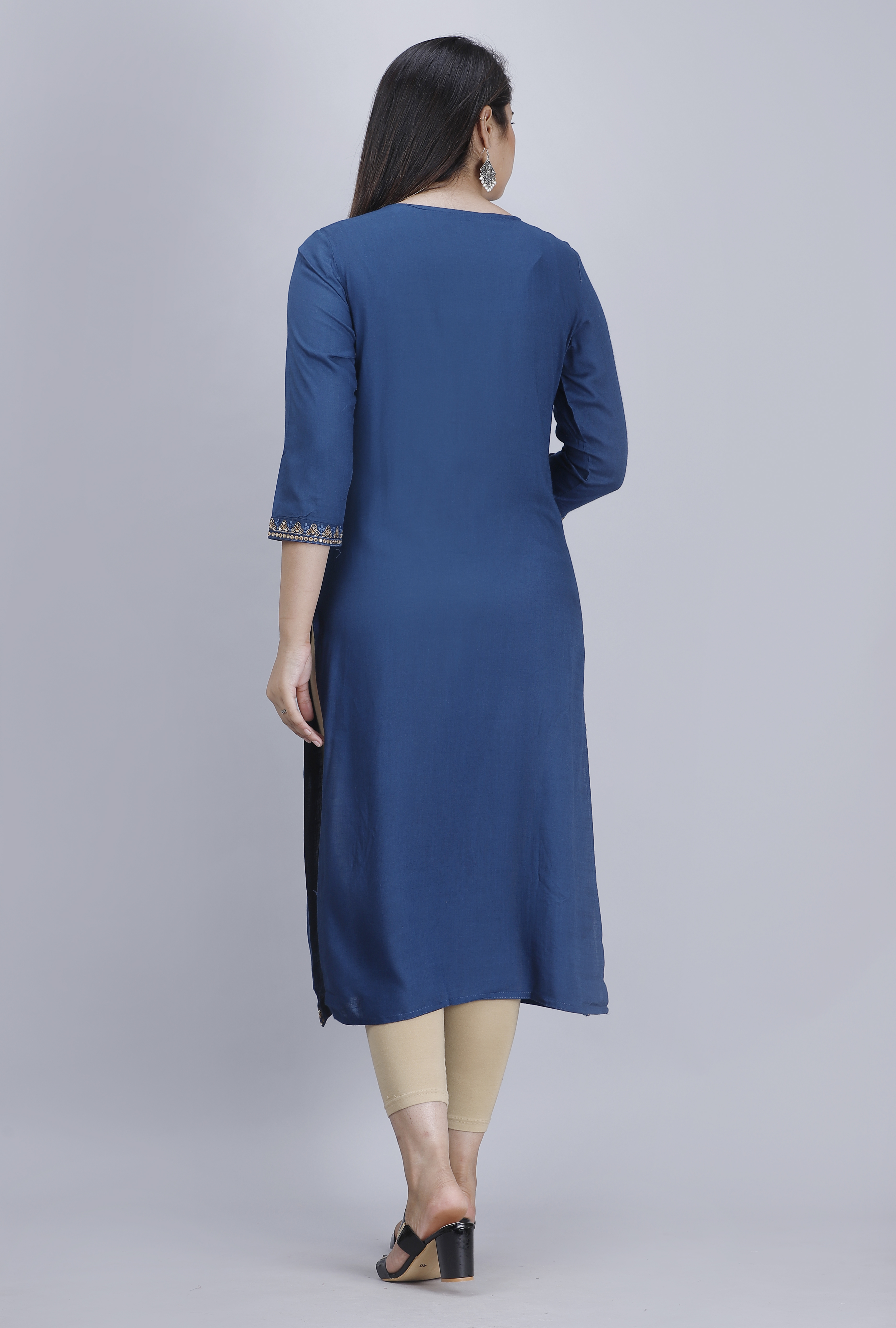Breathable Rayon Slub Blue Sequence Embroidered Straight Ku