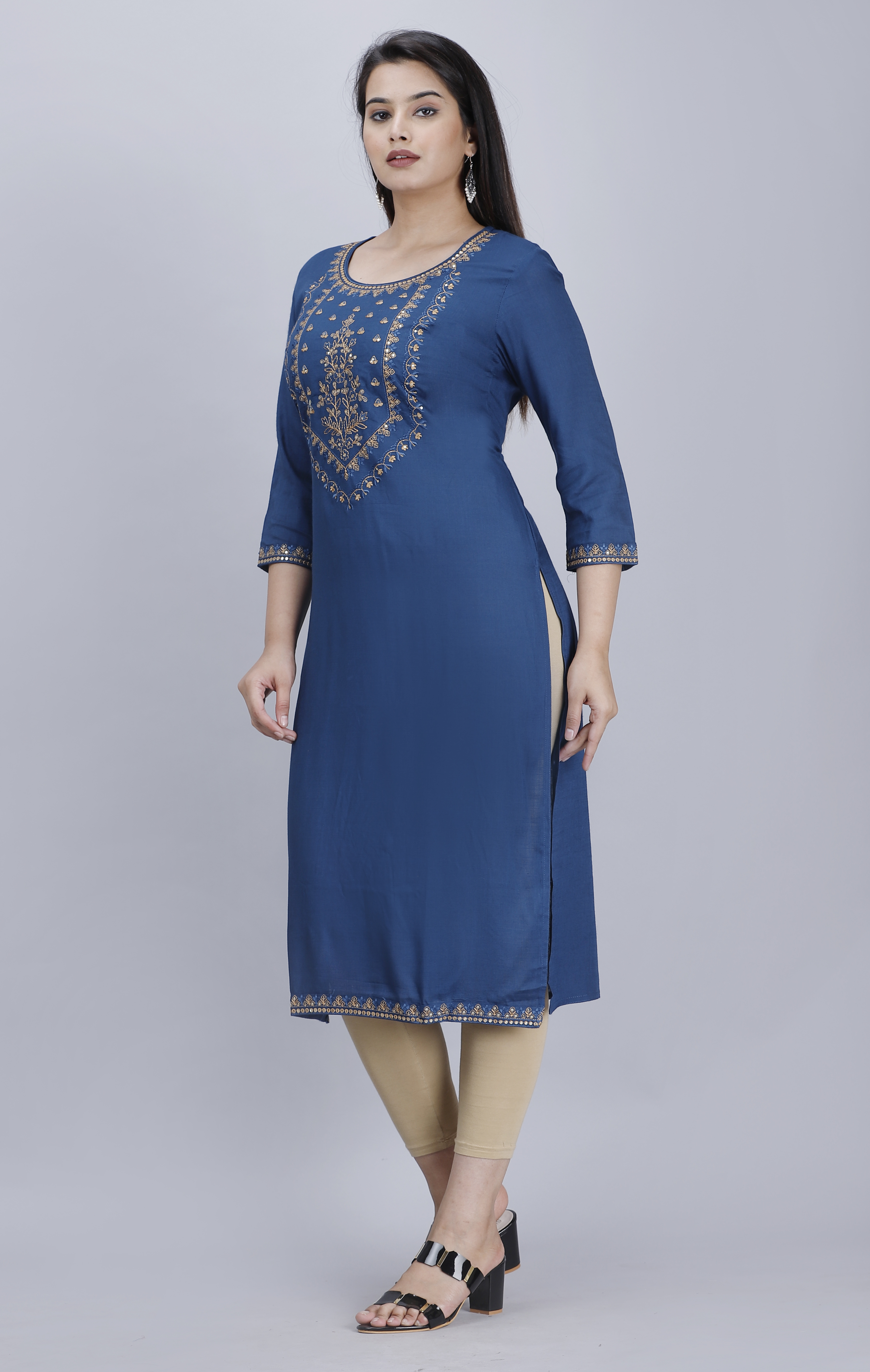 Breathable Rayon Slub Blue Sequence Embroidered Straight Ku