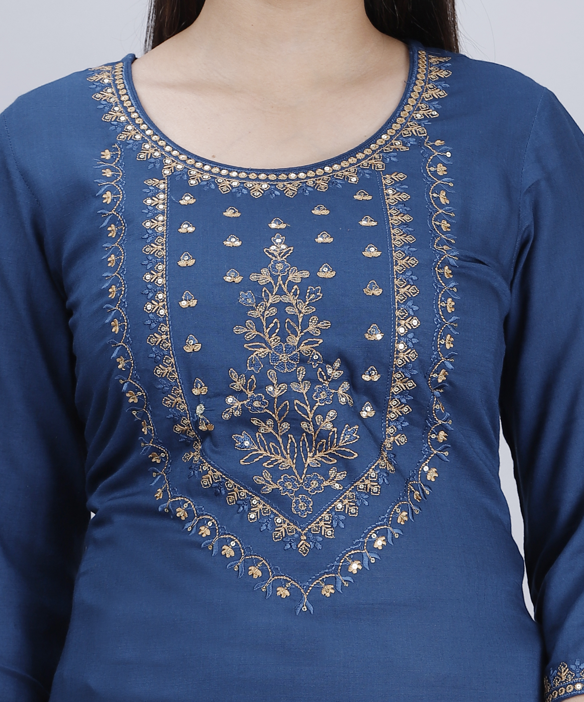 Breathable Rayon Slub Blue Sequence Embroidered Straight Ku