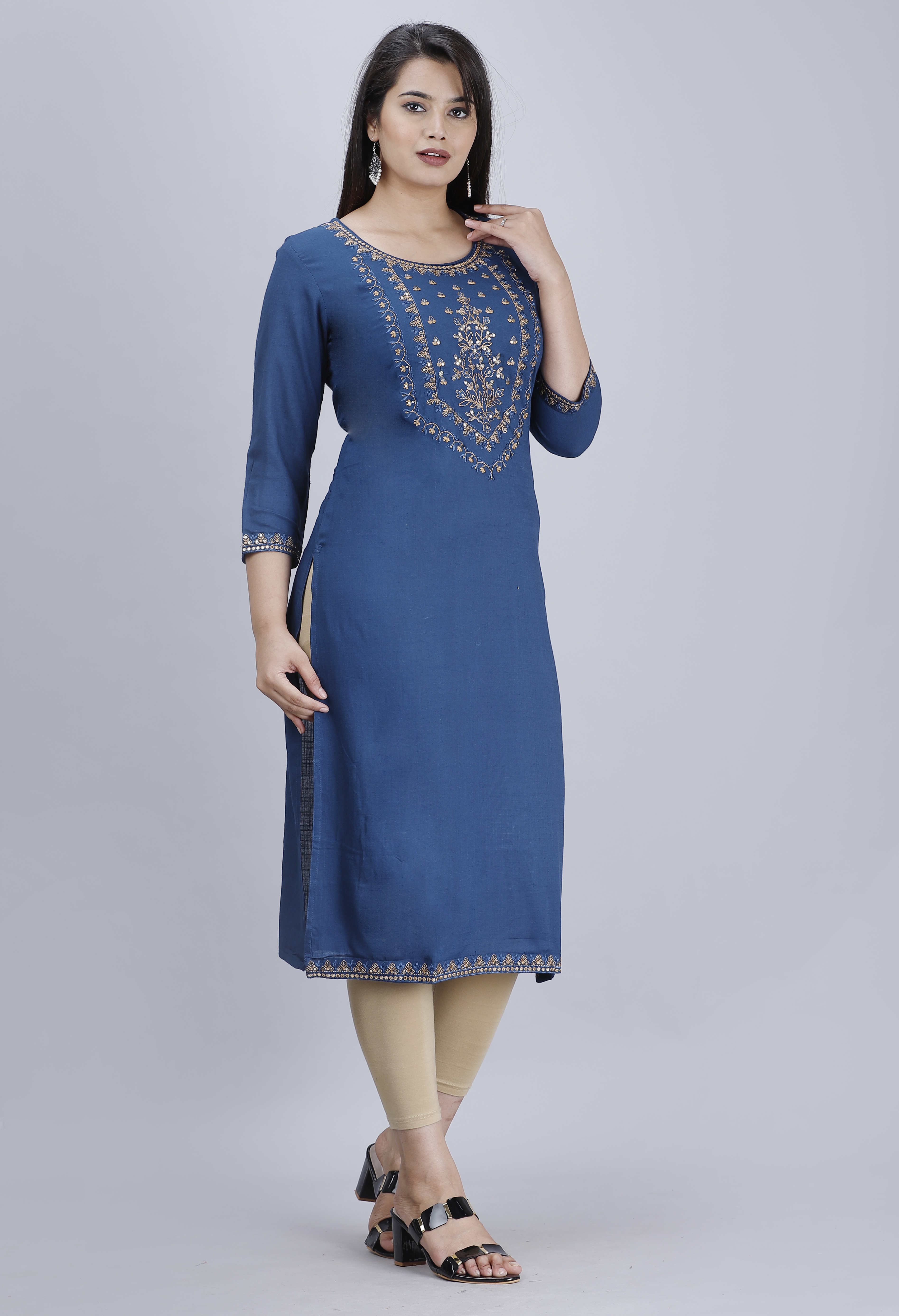 Breathable Rayon Slub Blue Sequence Embroidered Straight Ku