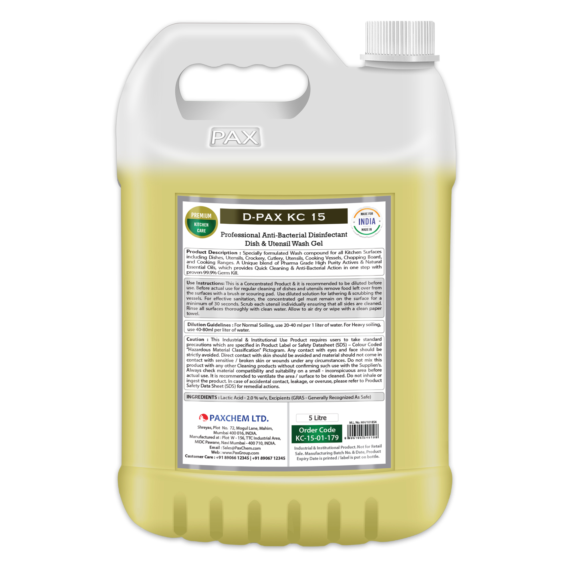 D-pax Kc 15 - Professional Anti-bacterial Disinfectant Dish & Utensil Wash Gel Usage: Kitchen