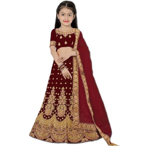 Girls Lehenga Choli - Silk Satin Embroidered Set (Maroon, Customized Size) | Breathable, Quick-Dry, Short Sleeves, Ethnic Style
