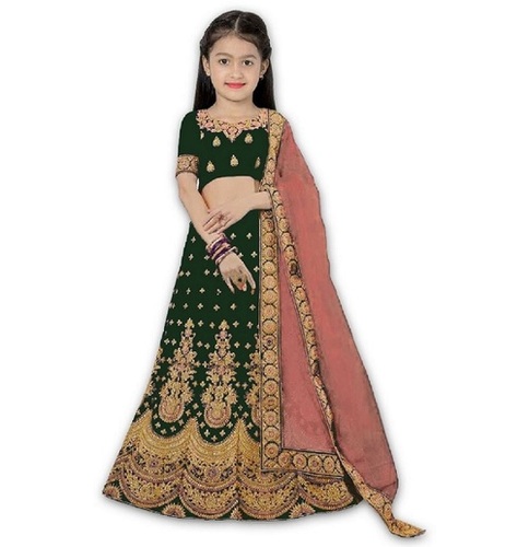 Girls Ethnic Lehenga Choli Set - Silk Fabric, Customized Size 08, Green Color | Embroidered Design, Breathable, Quick Dry, Short Sleeves, Perfect for Parties and Festivals