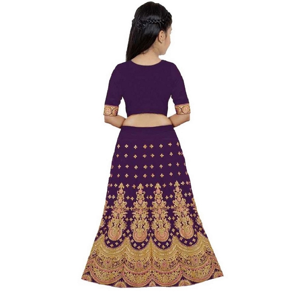 Girls Lehenga Choli Ethnic Wear Embroidered Lehenga, Choli And Dupatta Set - Silk, Customized Size, Purple | Breathable, Quick Dry, Short Sleeves, Age 5-15