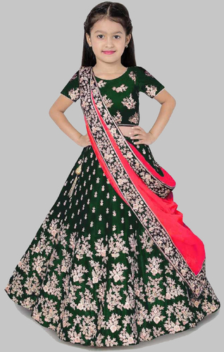 Girls Lehenga Choli Ethnic Wear Embroidered Lehenga, Choli And Dupatta Set - Silk, Custom Size 15, Green Color | Breathable Satin, Short Sleeves, Perfect For Summer Festivals