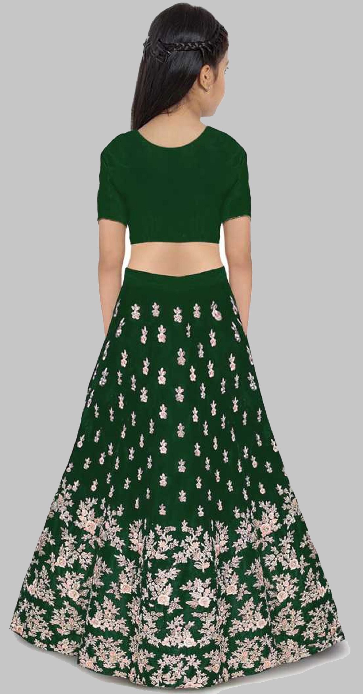 Girls Lehenga Choli Ethnic Wear Embroidered Lehenga, Choli And Dupatta Set - Silk, Custom Size 15, Green Color | Breathable Satin, Short Sleeves, Perfect For Summer Festivals