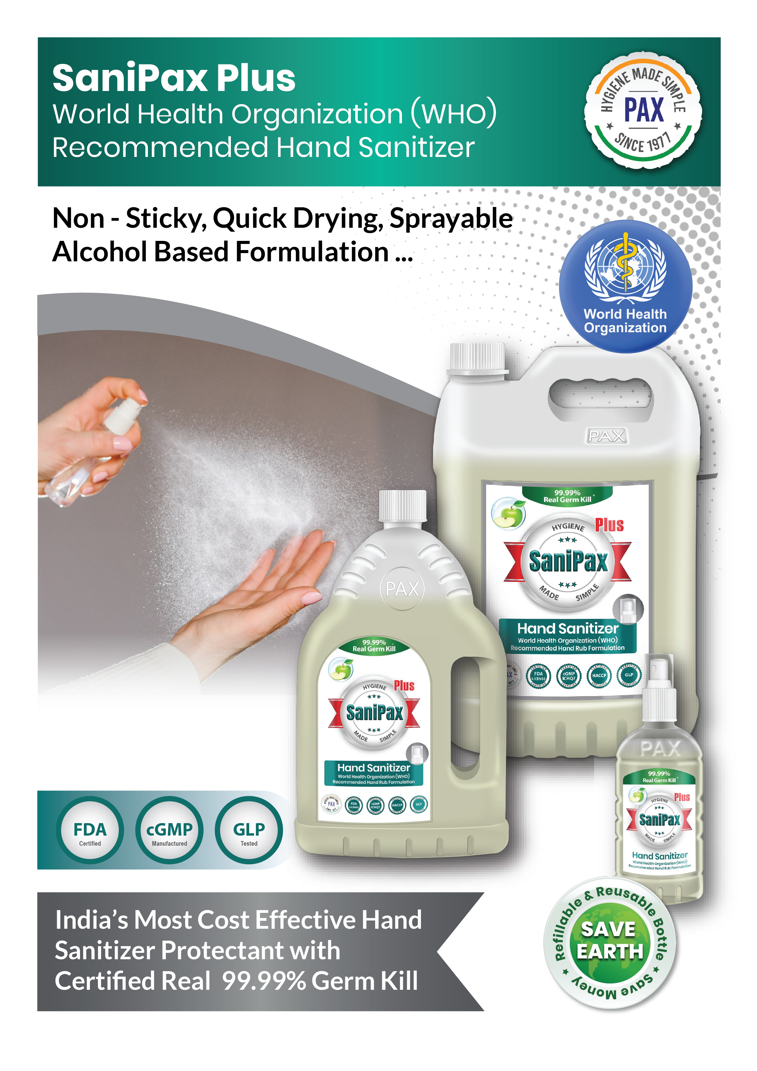 Sanipax - 75% Iso Propyl Alcohol, 5l | Fast-acting, Powerful Hand Sanitizer With Green Apple Fragrance, 99.99% Germ Kill