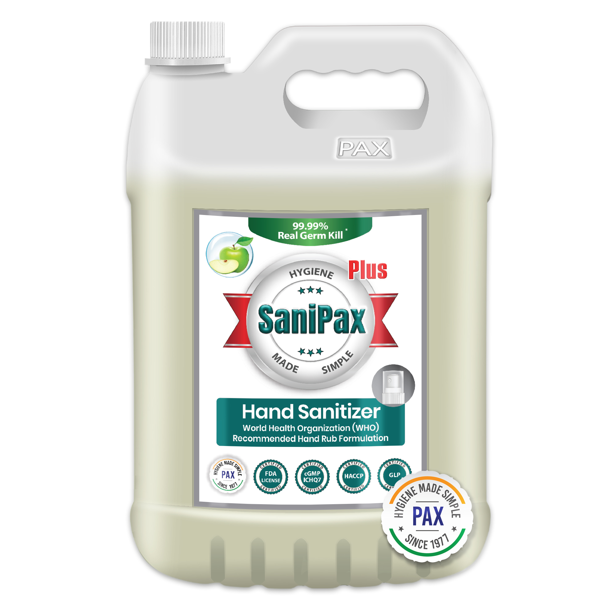 Sanipax - 75% Iso Propyl Alcohol, 5l | Fast-acting, Powerful Hand Sanitizer With Green Apple Fragrance, 99.99% Germ Kill