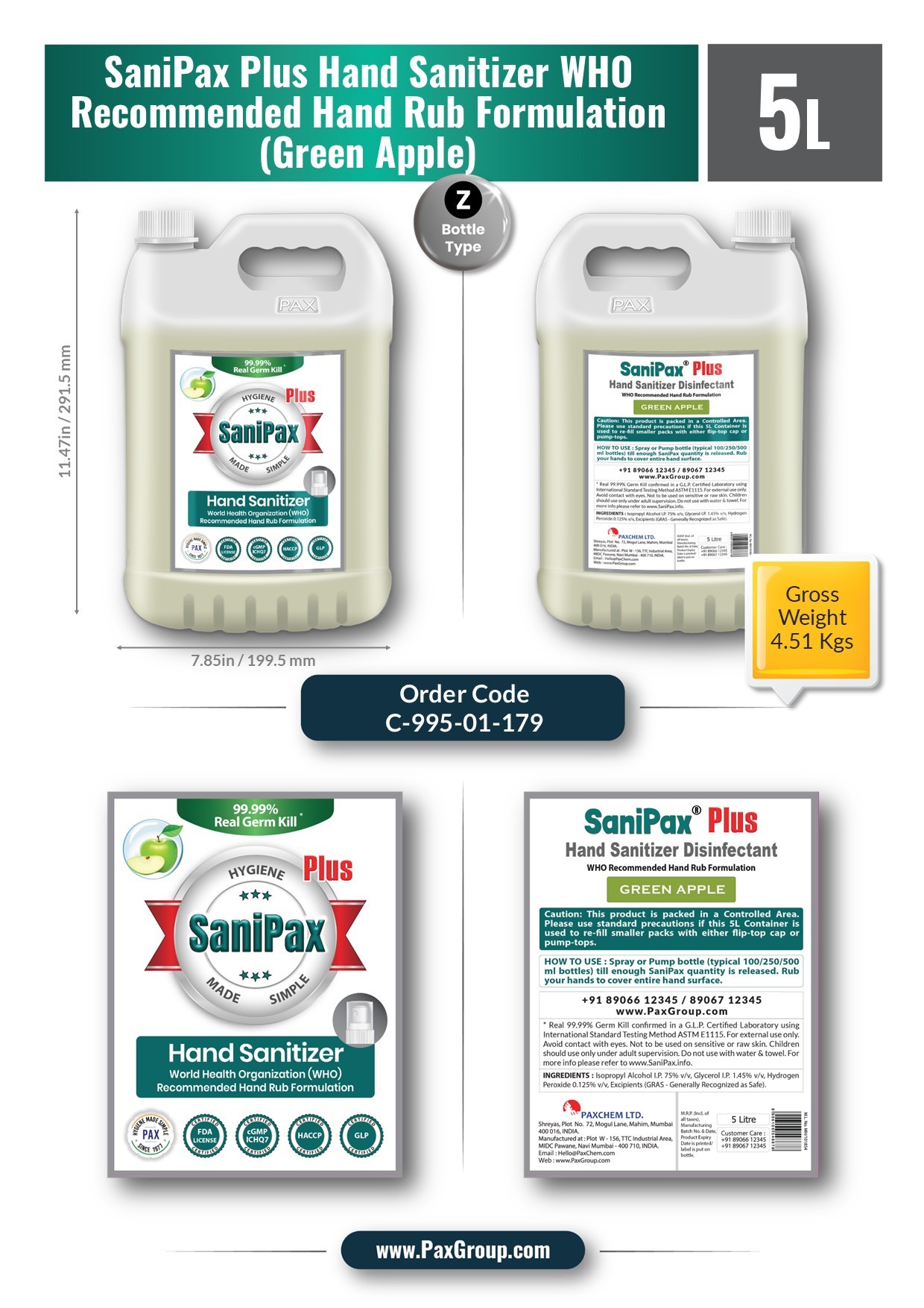 Sanipax - 75% Iso Propyl Alcohol, 5l | Fast-acting, Powerful Hand Sanitizer With Green Apple Fragrance, 99.99% Germ Kill