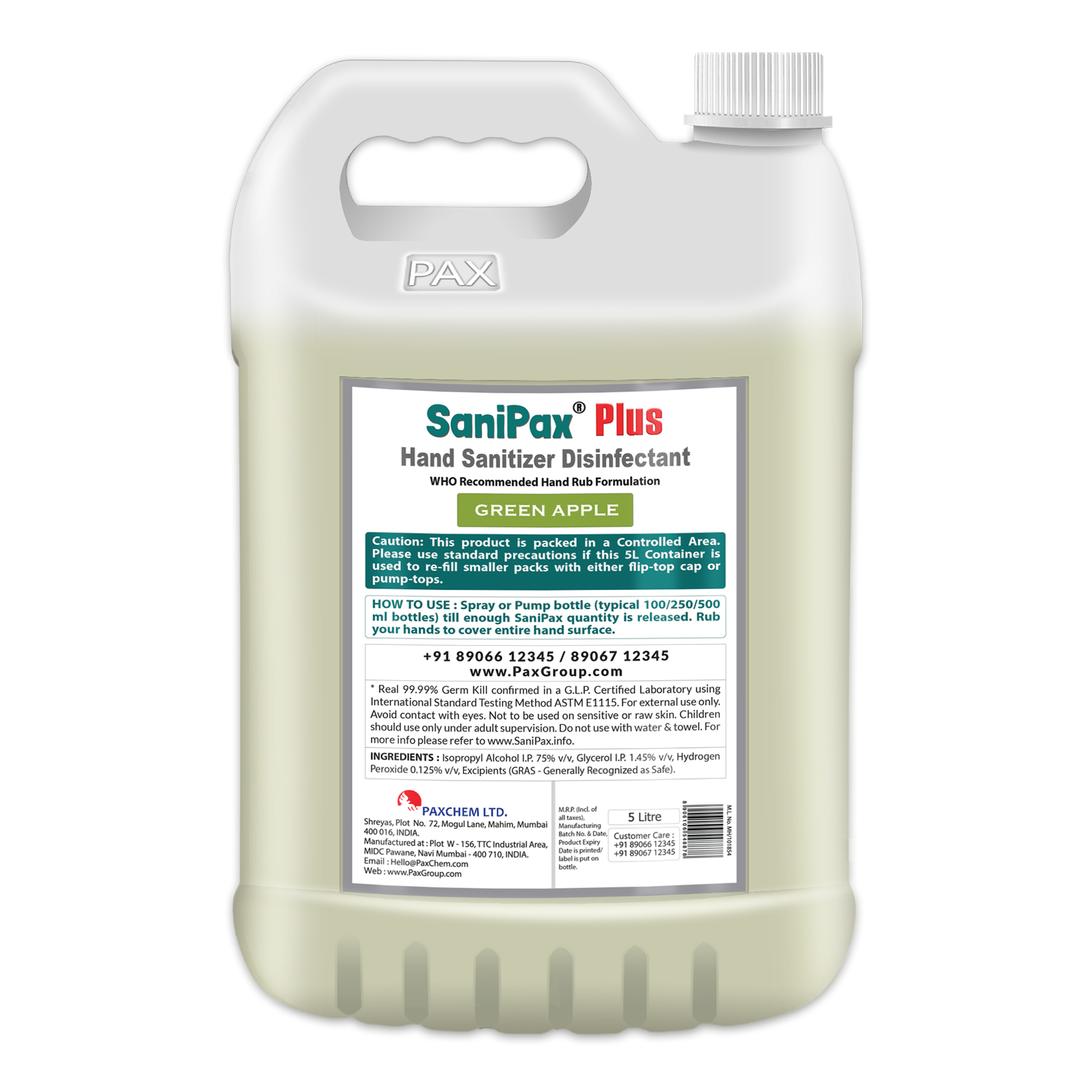 Sanipax - 75% Iso Propyl Alcohol, 5l | Fast-acting, Powerful Hand Sanitizer With Green Apple Fragrance, 99.99% Germ Kill