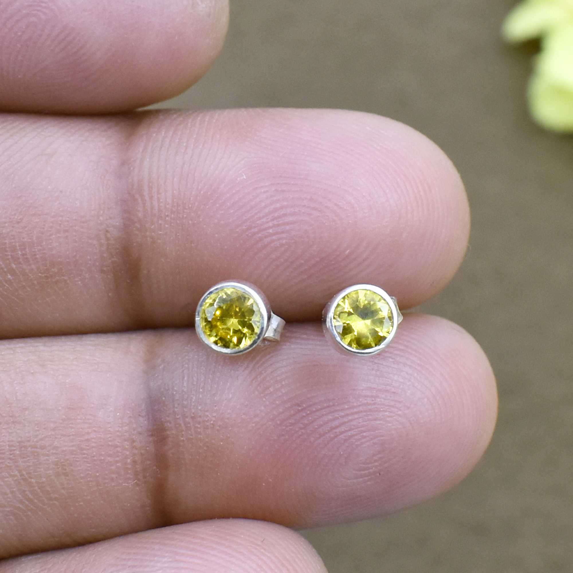 Yellow Color Zircon Gemstone 925 Sterling Silver Post Stud Earring For Women & Girls Weight: 1.1 Grams (G)