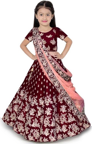 Girls Lehenga Choli Ethnic Wear Embroidered Lehenga, Choli And Dupatta Set  (Maroon,17) Age Group: 5-15Years