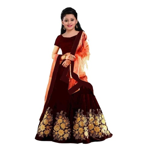 Girls Lehenga Choli Ethnic Wear Embroidered Lehenga, Choli And Dupatta Set - Silk, Customized Size, Maroon | Age Group: 7-12 Years, Breathable, Quick Dry, Short Sleeves, Embroidered Pattern