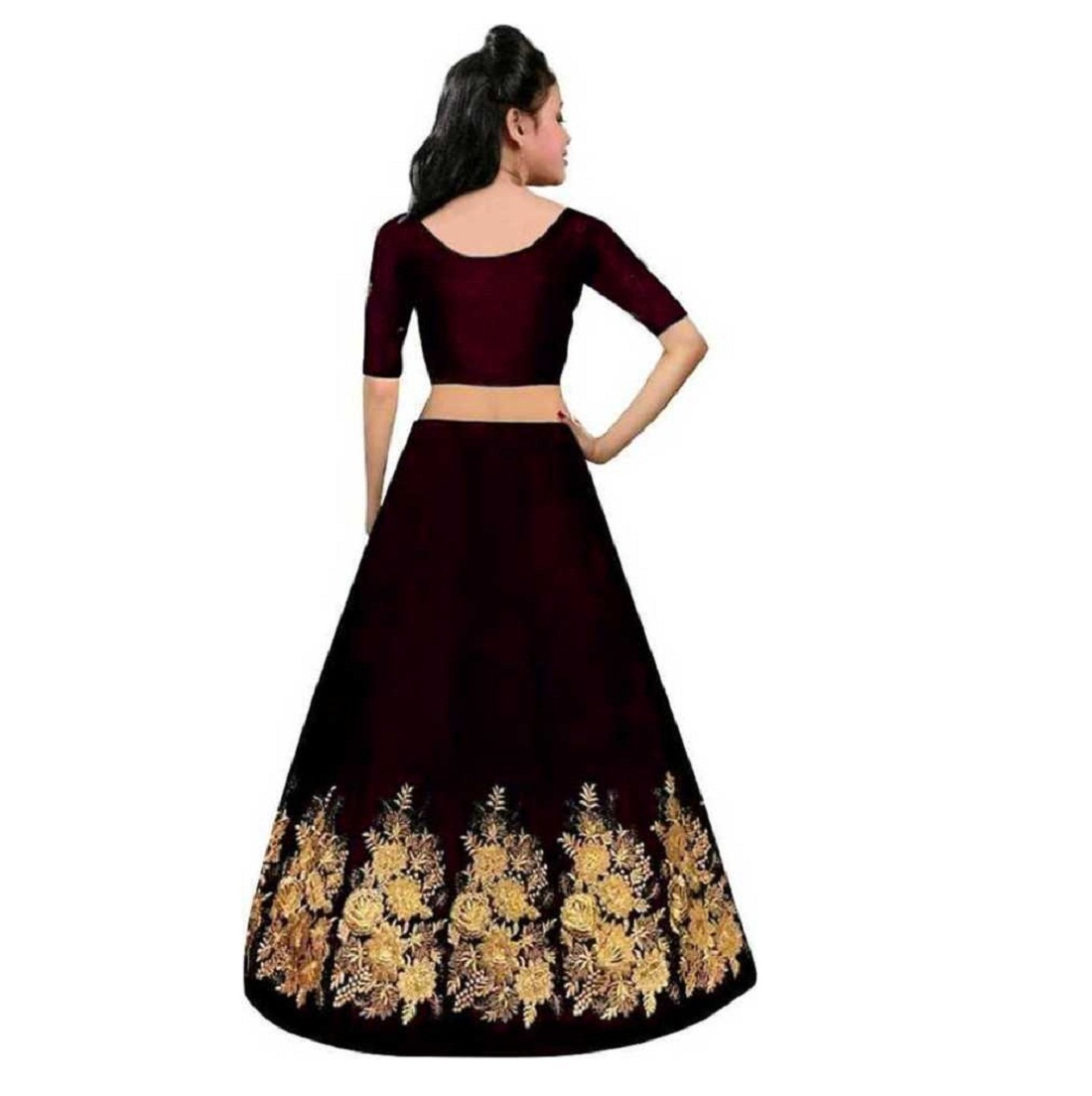 Girls Lehenga Choli Ethnic Wear Embroidered Lehenga, Choli And Dupatta Set - Silk, Customized Size, Maroon | Age Group: 7-12 Years, Breathable, Quick Dry, Short Sleeves, Embroidered Pattern