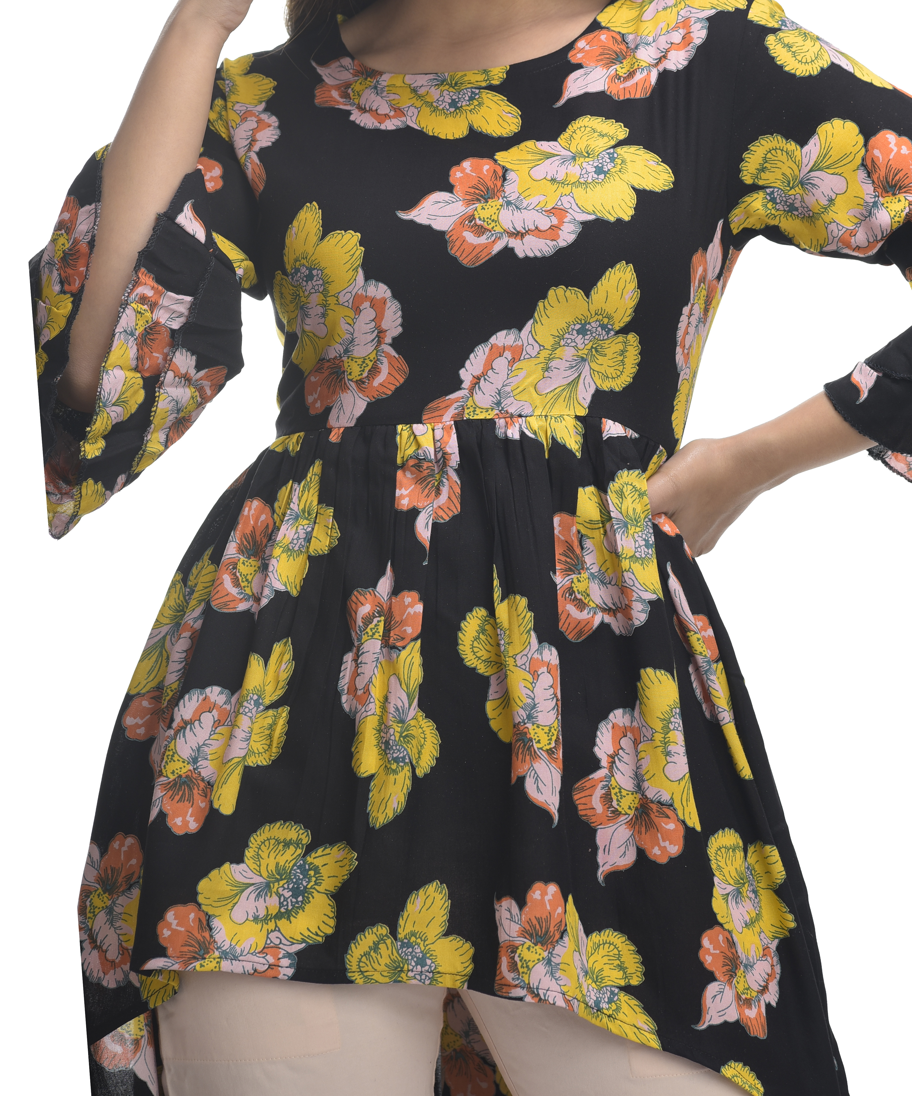 Kashishiya Front Slit Kurti Gown - Rayon, 48 Inch Length, 3/4 Sleeve, Printed Design | Modern Style For Daily Wear & Special Occasions