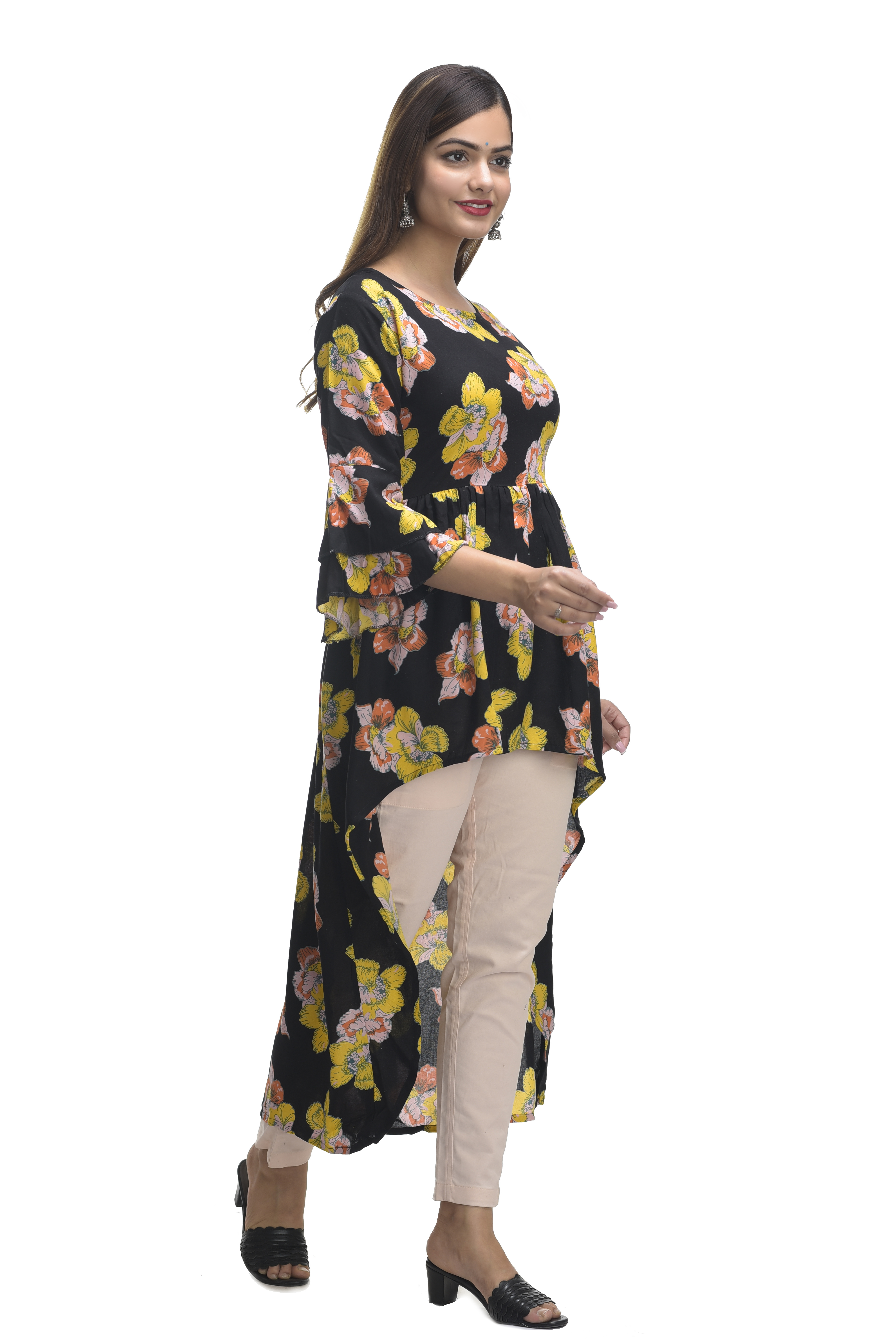 Kashishiya Front Slit Kurti Gown - Rayon, 48 Inch Length, 3/4 Sleeve, Printed Design | Modern Style For Daily Wear & Special Occasions