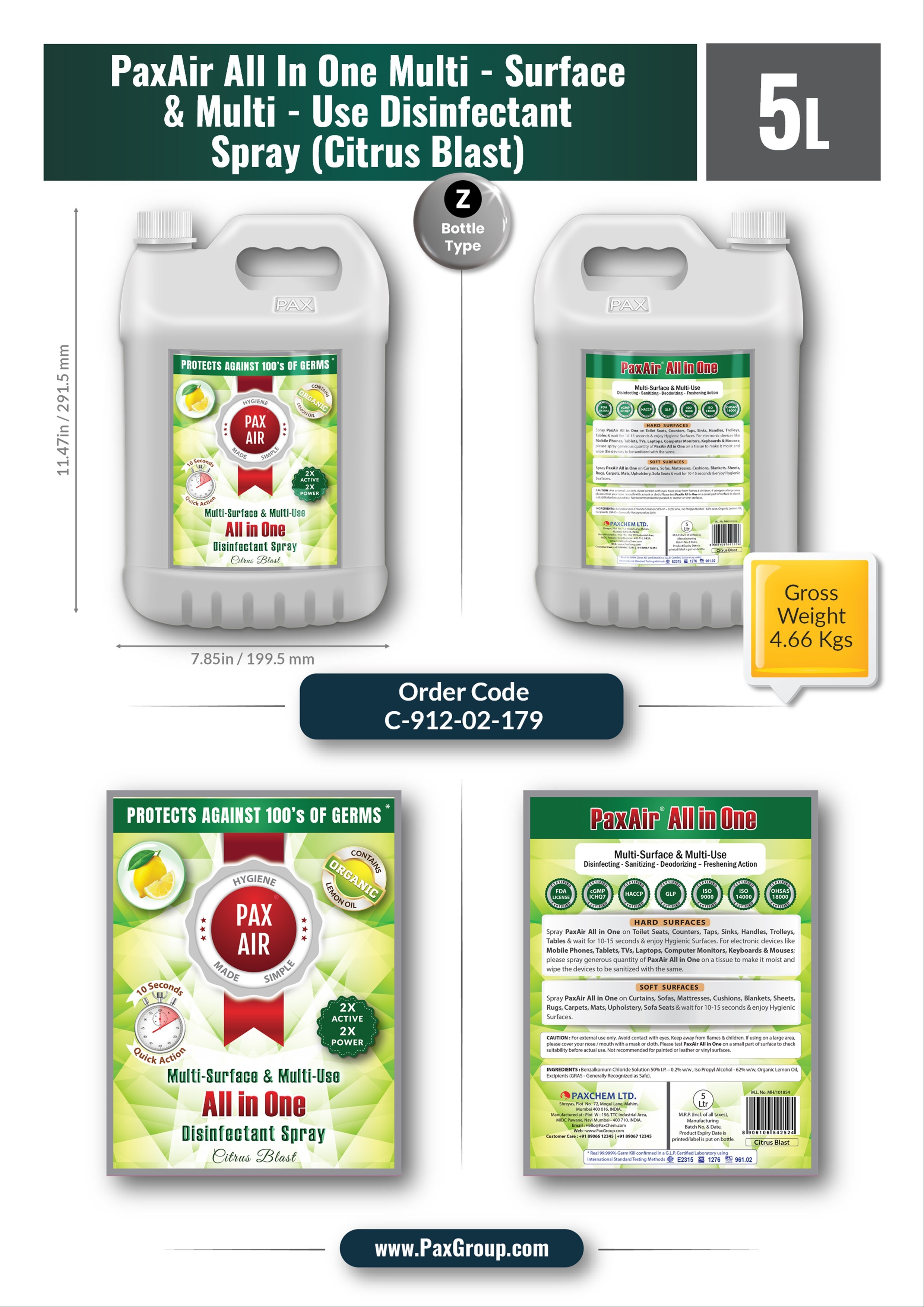 Alcohol Based Paxair All In One Multi-surface & Multi-use Disinfectant Spray