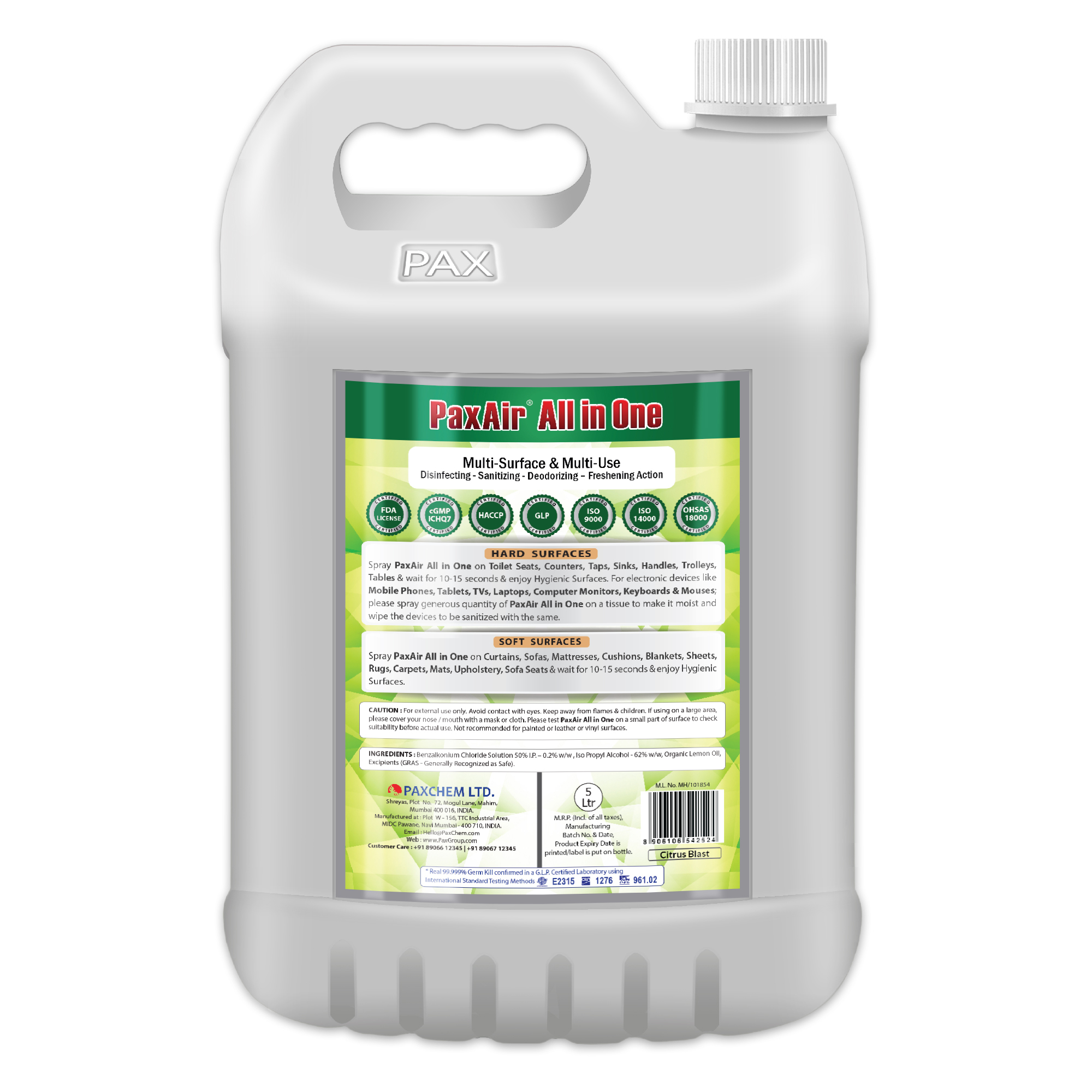 Alcohol Based Paxair All In One Multi-surface & Multi-use Disinfectant Spray