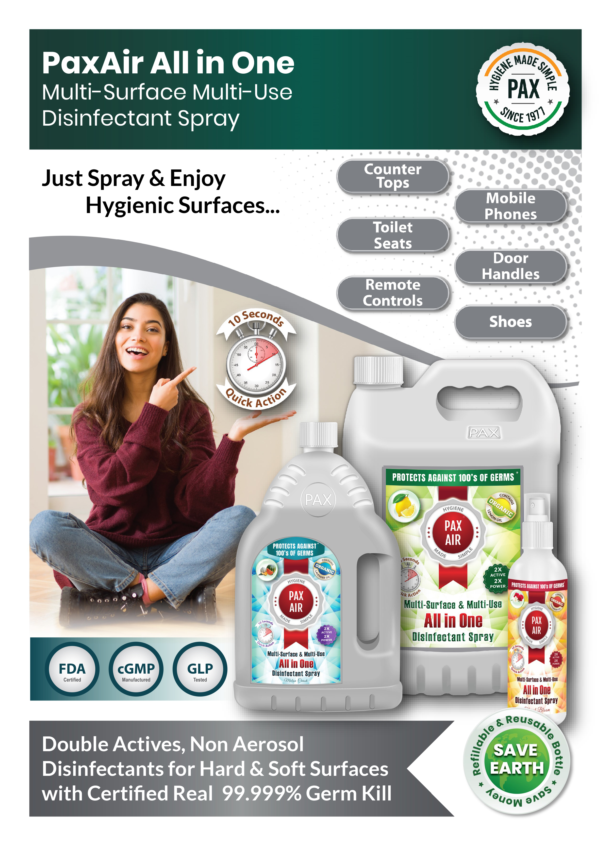 Alcohol Based Paxair All In One Multi-surface & Multi-use Disinfectant Spray