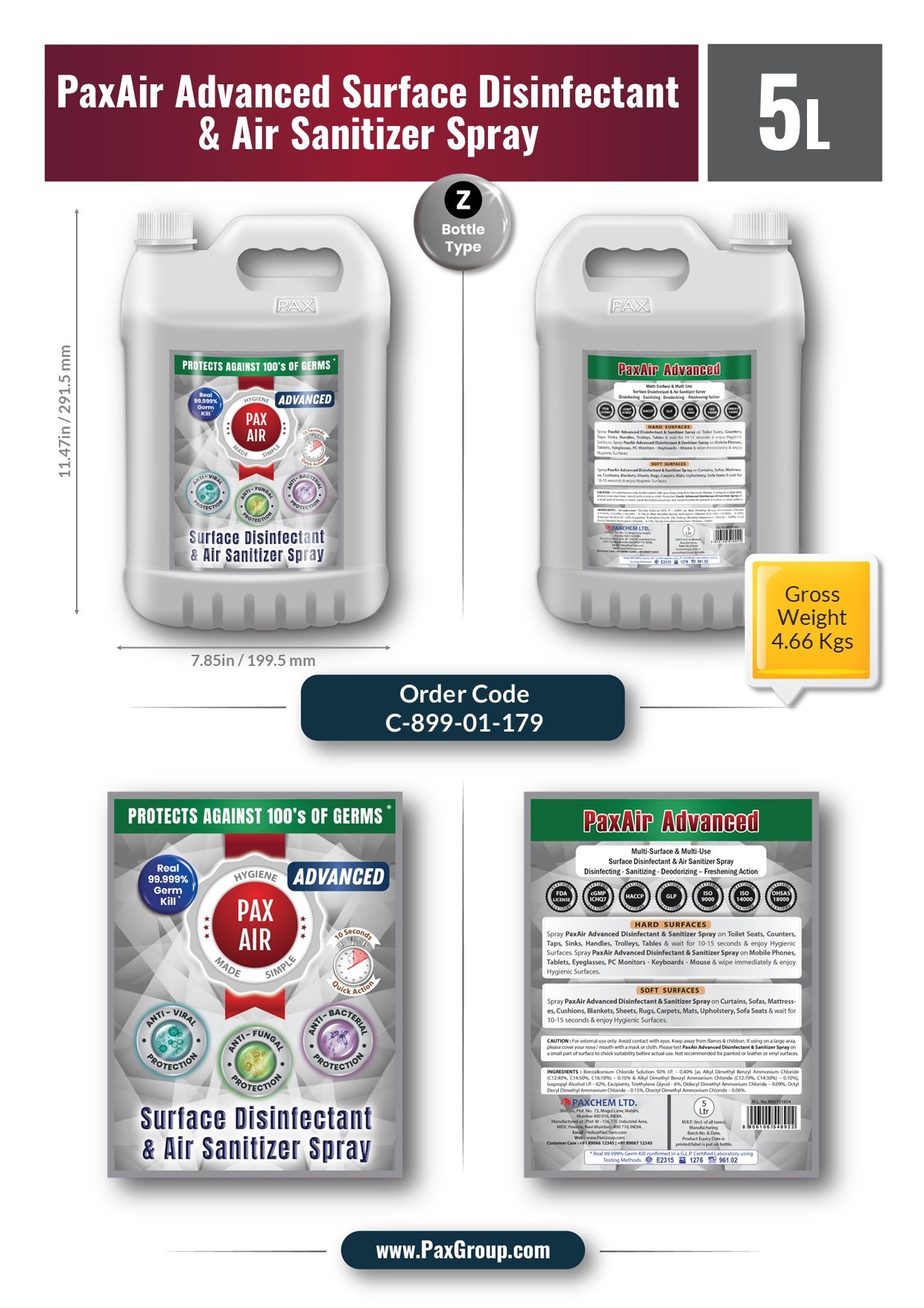 Paxair Advanced Surface Disinfectant & Air Sanitizer Spray