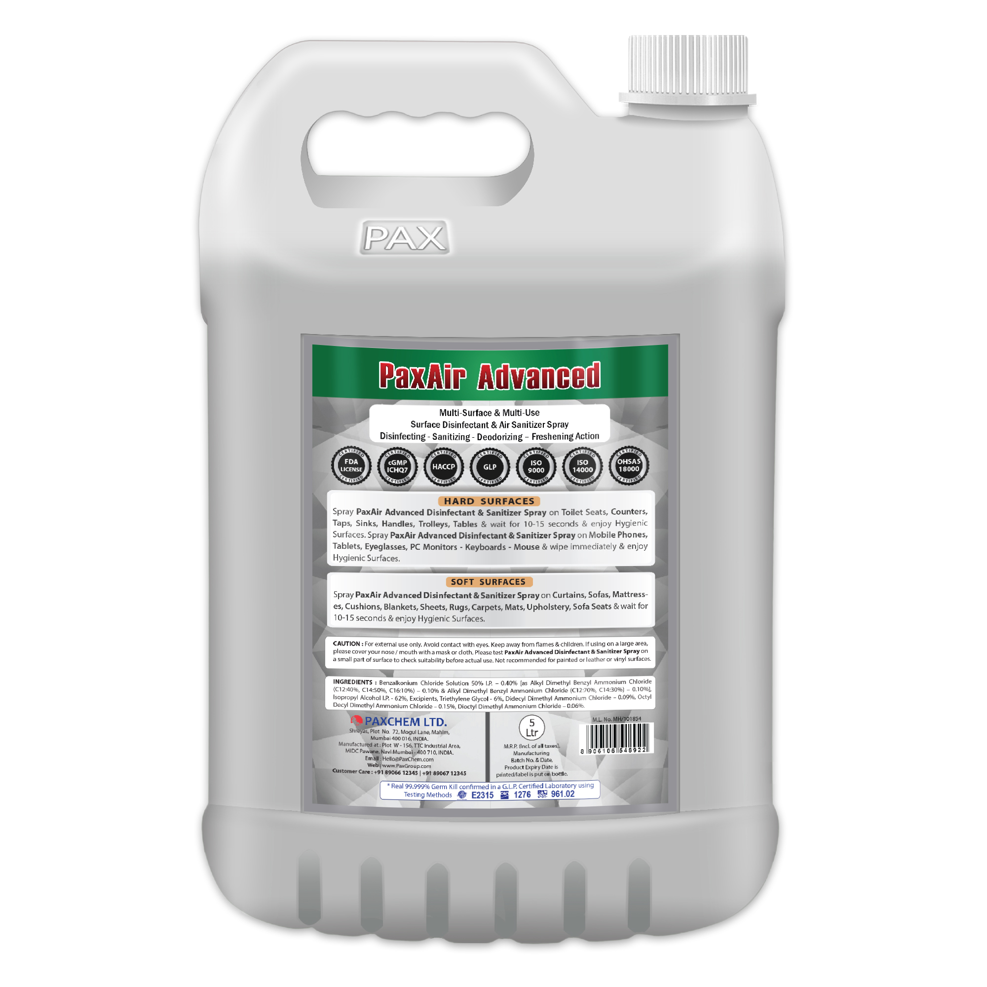 Paxair Advanced Surface Disinfectant & Air Sanitizer Spray