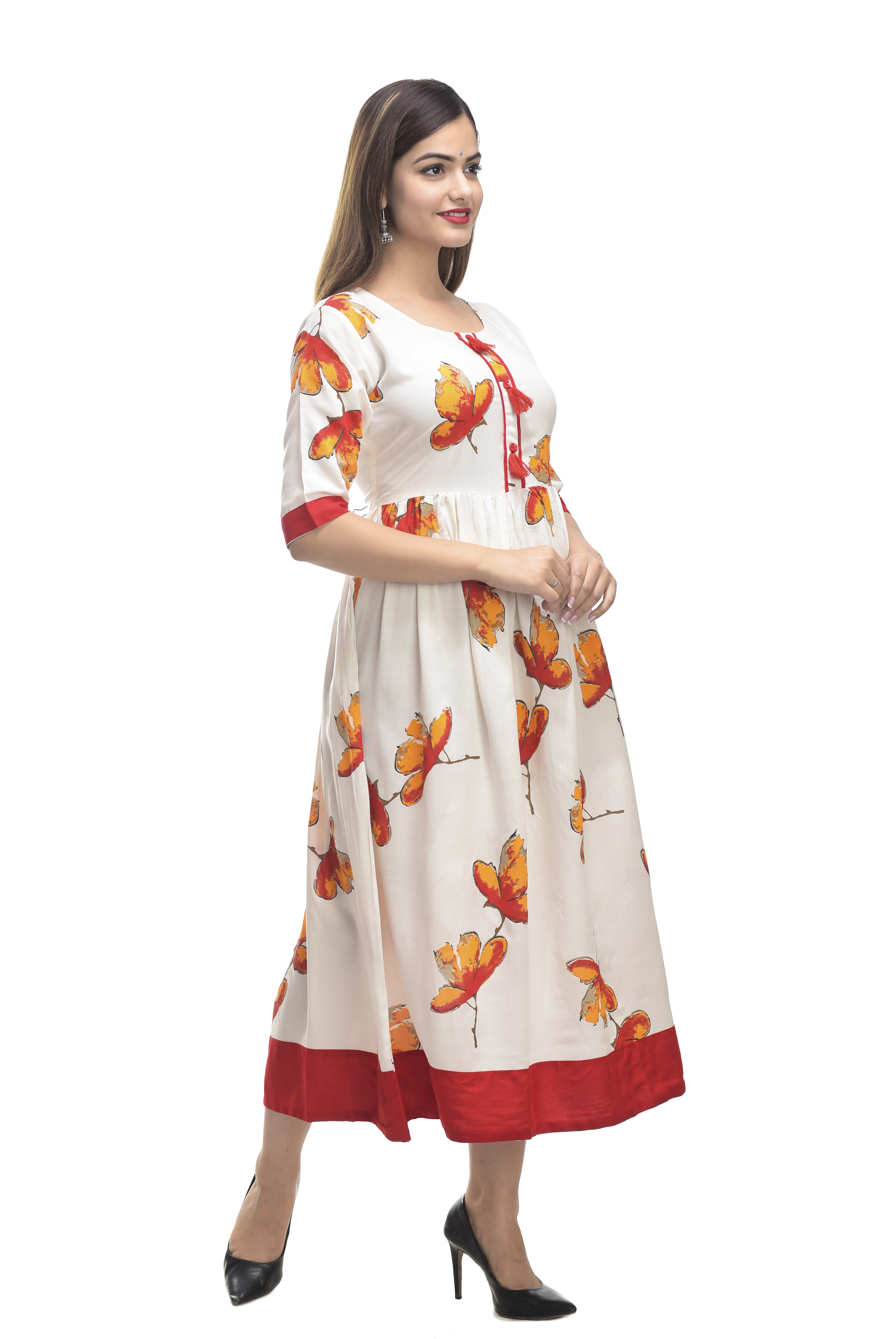 Off-white With Red Kashishiya Printed Kurti Gown
