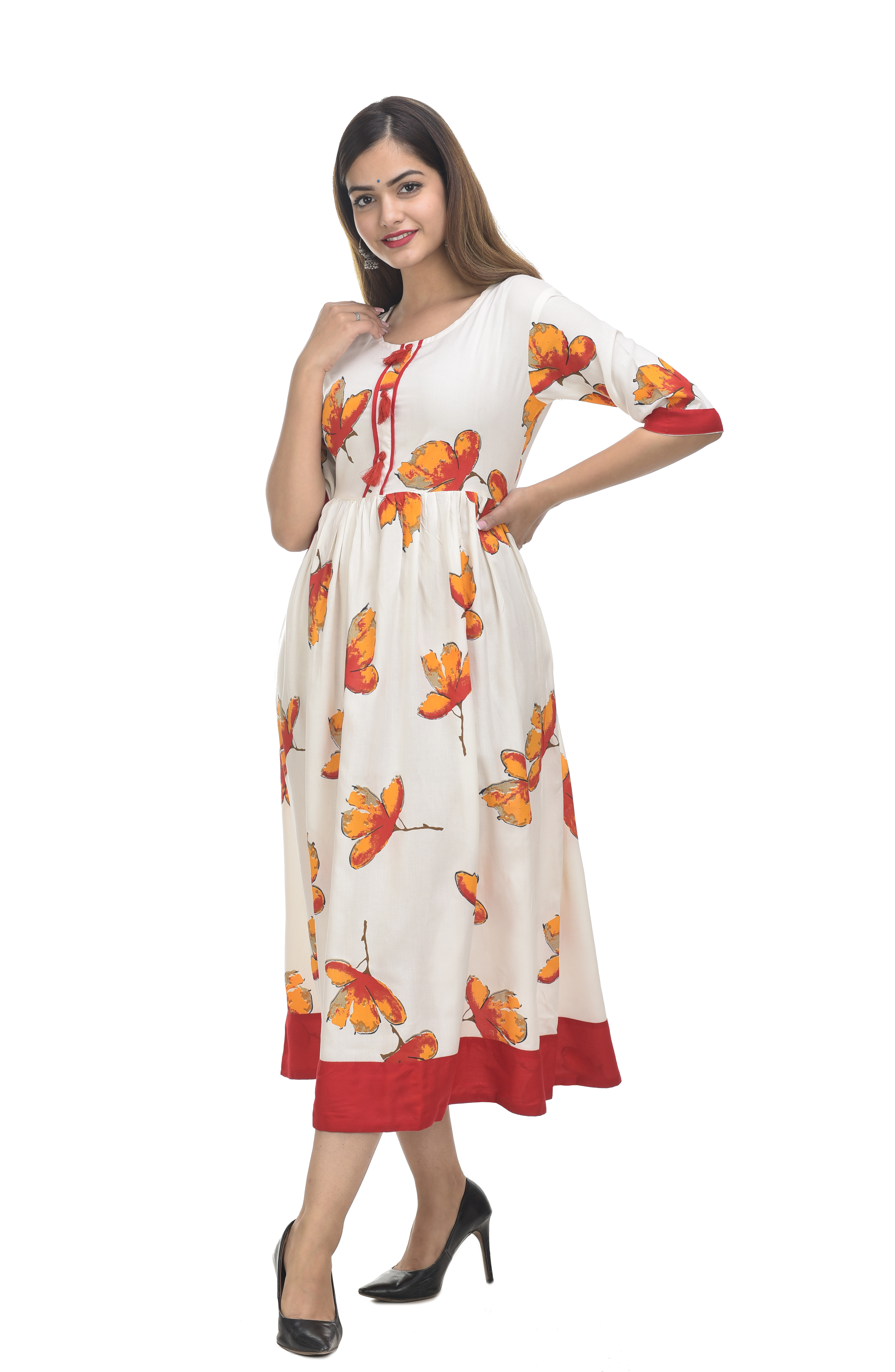 Off-white With Red Kashishiya Printed Kurti Gown