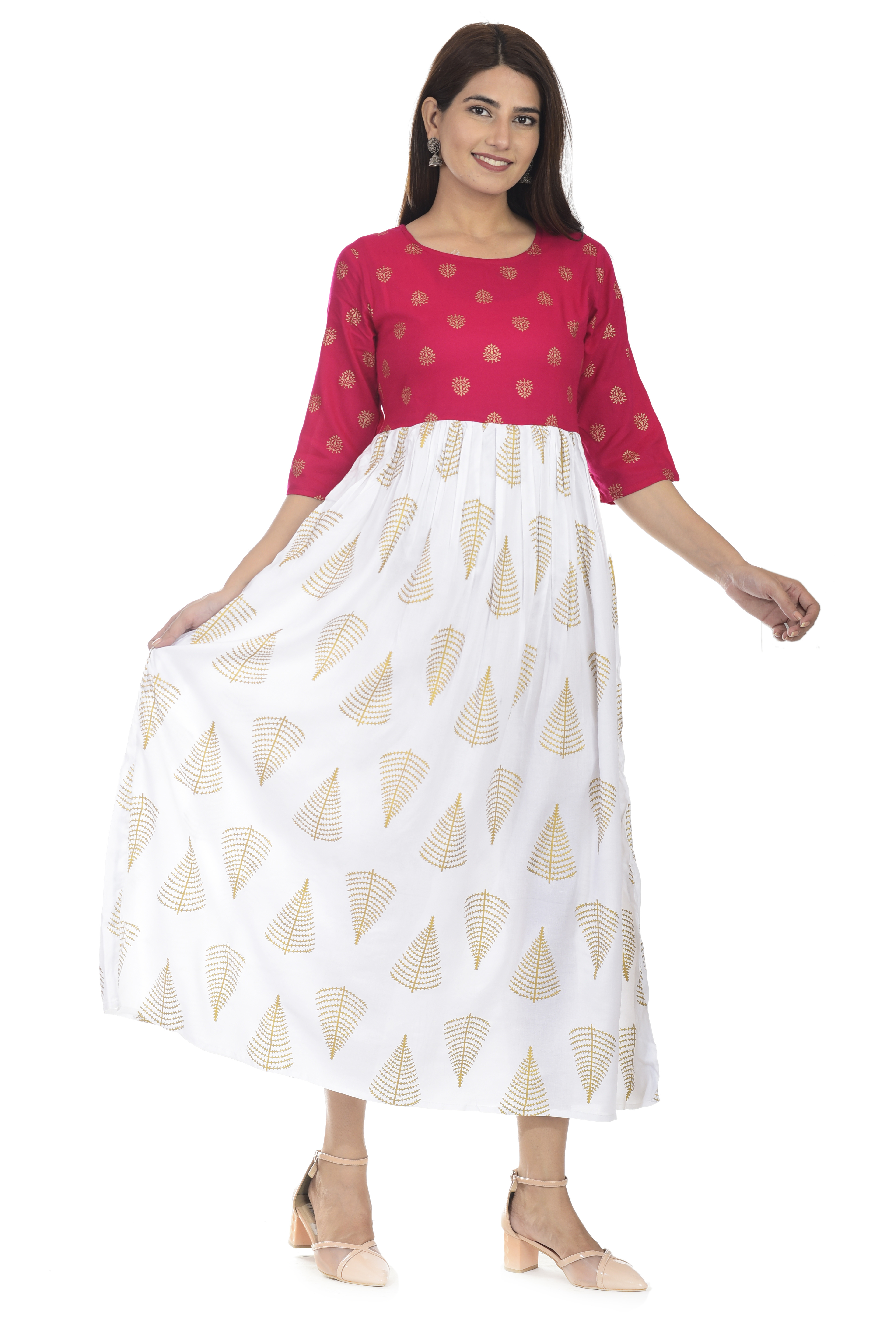 Pink And White Kashishiya Printed Kurti Gown