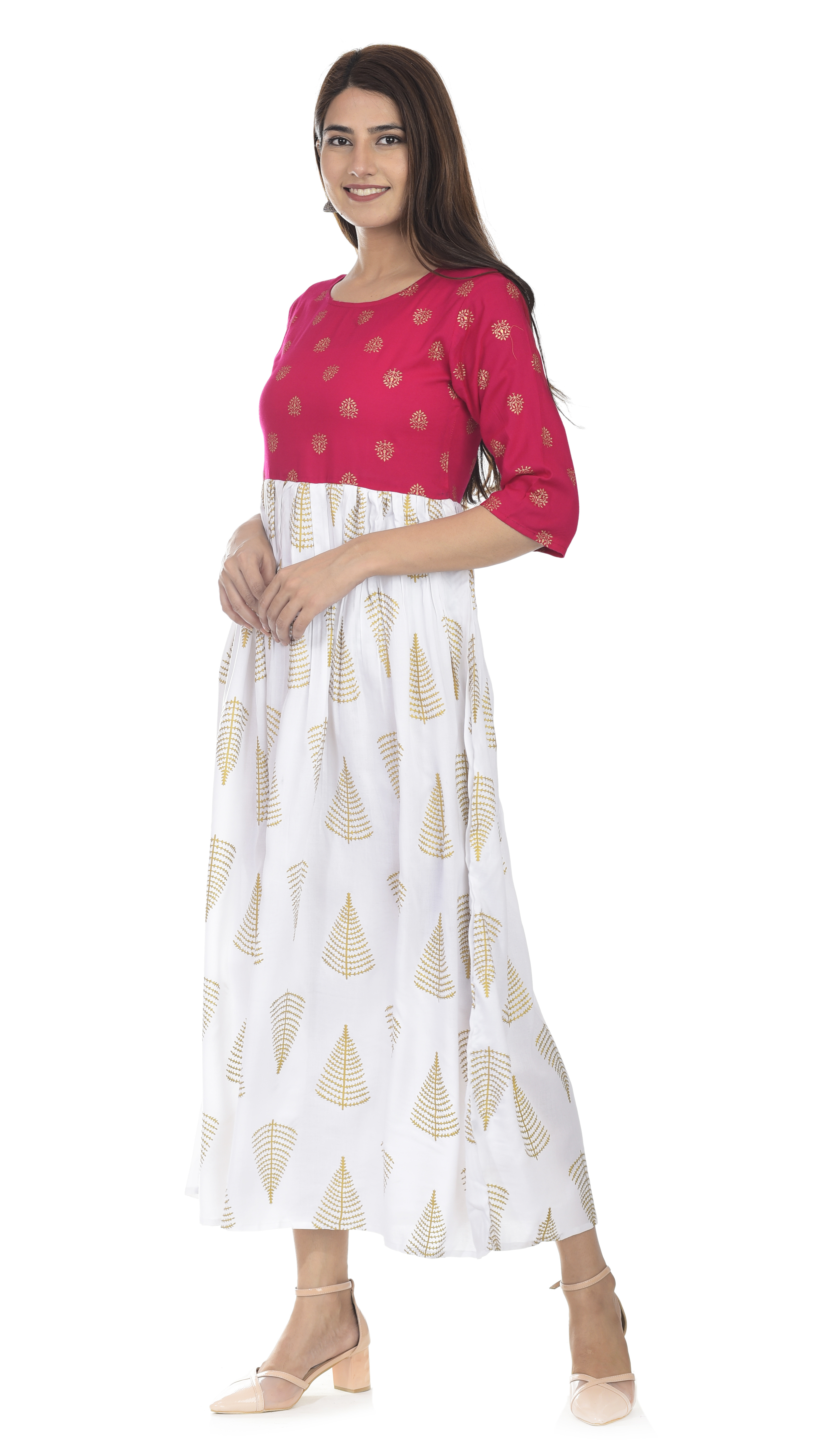 Pink And White Kashishiya Printed Kurti Gown