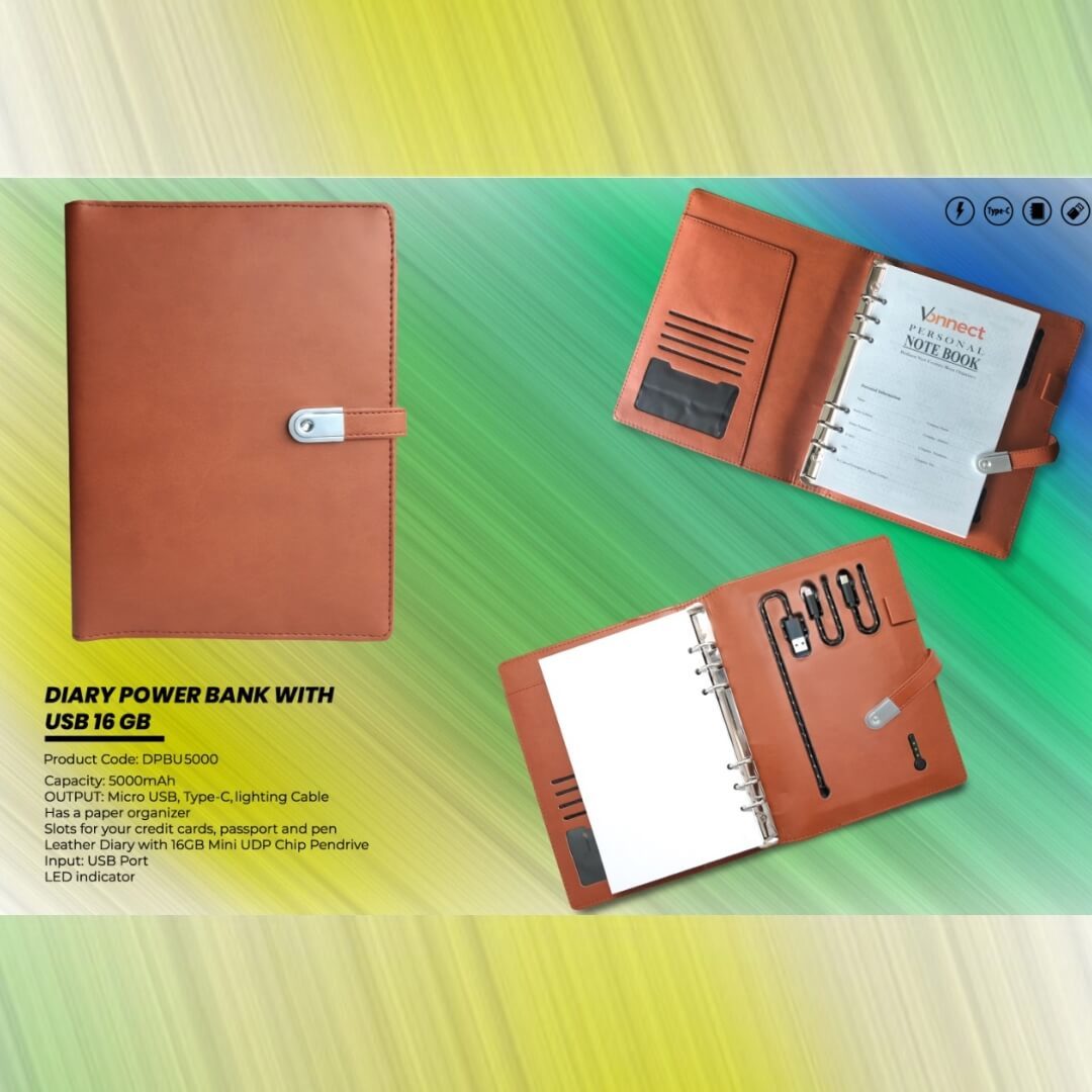 Pu Leather Diary Power Bank 5000mah With Usb 16 Gb