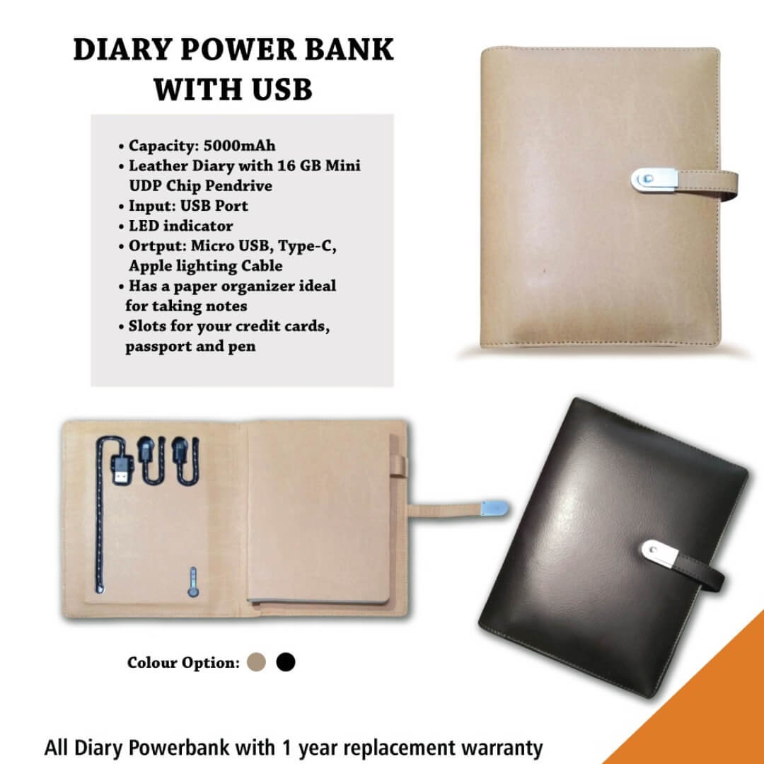 Pu Leather Diary Power Bank 5000mah With Usb 16 Gb