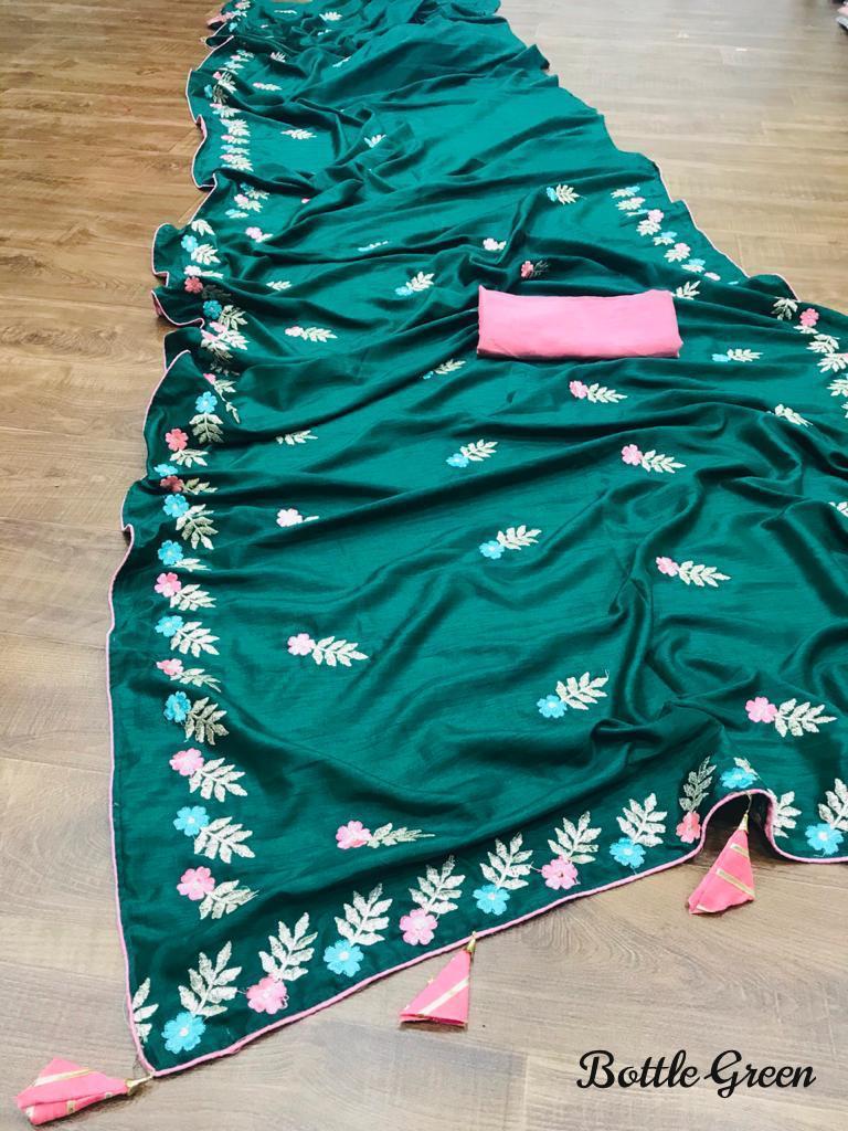 6 Color Available Party Wear Fancy Designer Silk Embroidery Women's Saree