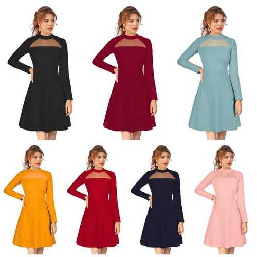Ladies Western Dress - Knitting Fabric, 34-35 Inch Length, Full Sleeves, Available in S, M, L, XL | Color Options: Black, Maroon, Blue, Red, Yellow