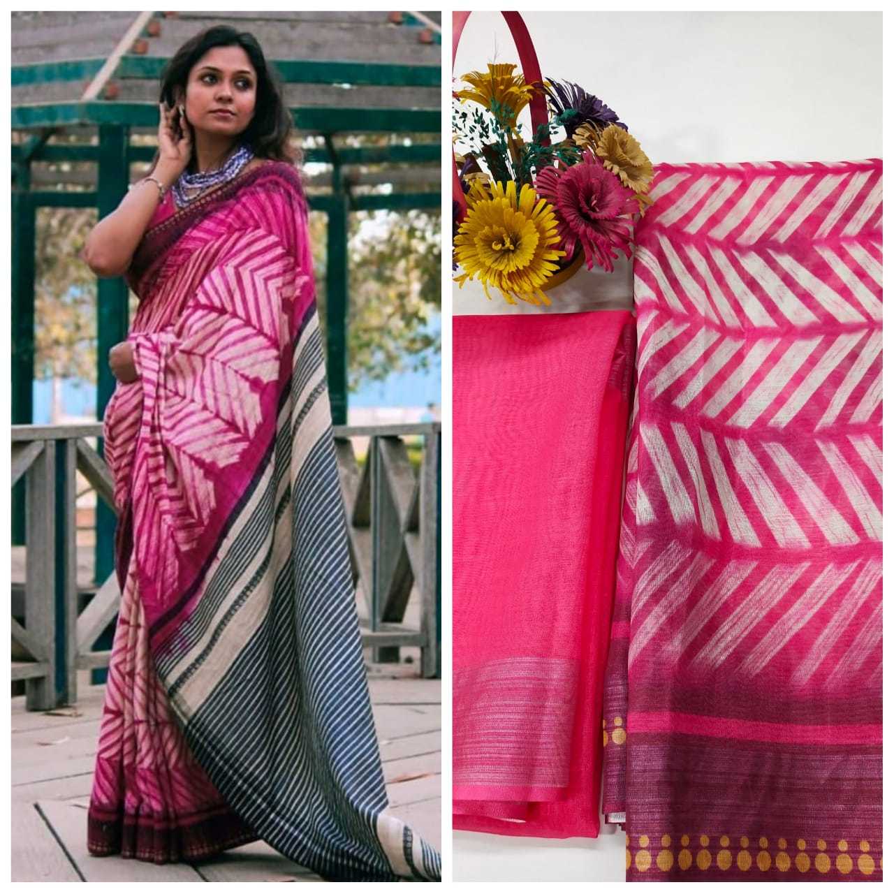 Ladies Fancy Saree - Linen Fabric With Gorgeous Print & Matching Blouse | Multi-color, Suitable For Formal Occasions Throughout All Seasons, Bollywood Style
