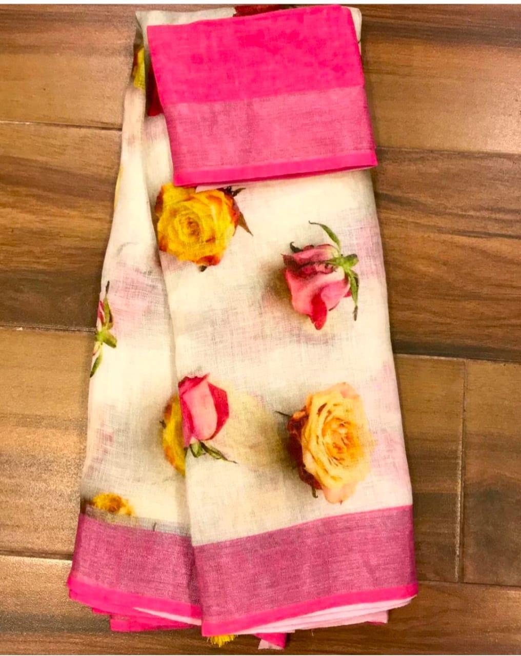 6 Color Available Bollywood Designer Linen Silk Fancy Printed Saree