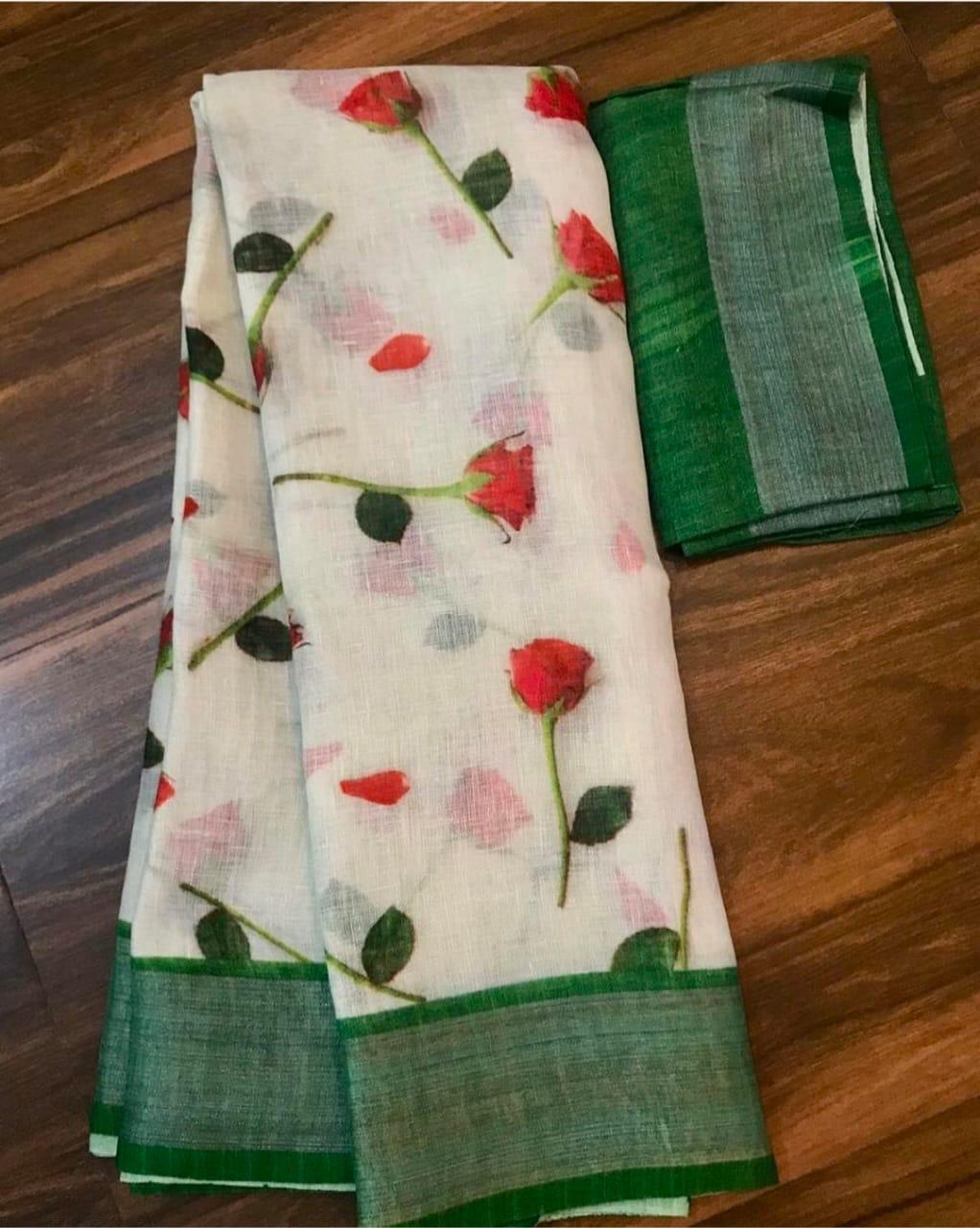 6 Color Available Bollywood Designer Linen Silk Fancy Printed Saree