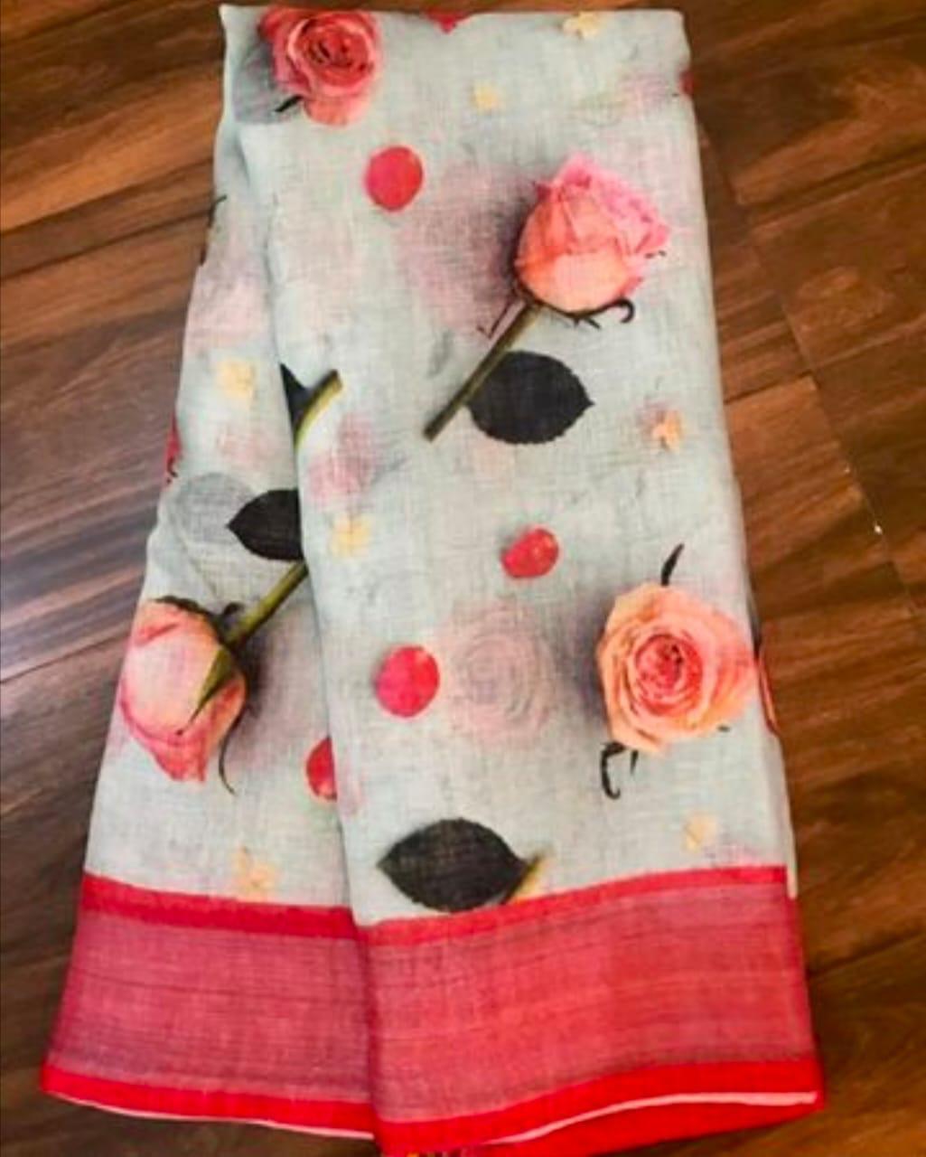 6 Color Available Bollywood Designer Linen Silk Fancy Printed Saree