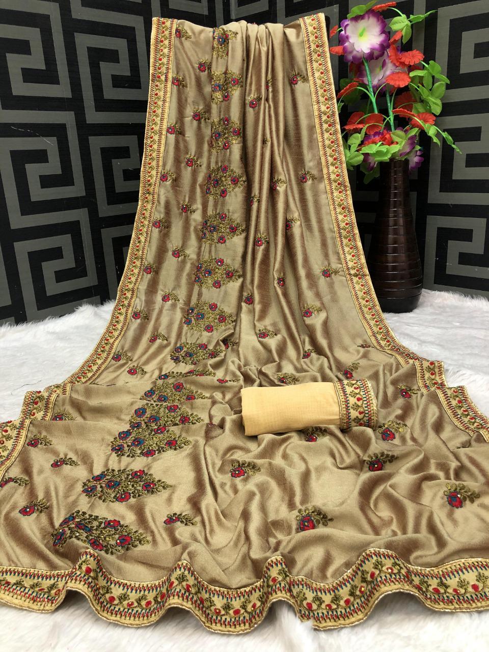 Bollywood Traditional Vichitra Soft Silk Embroidered Designer Party Wear Saree