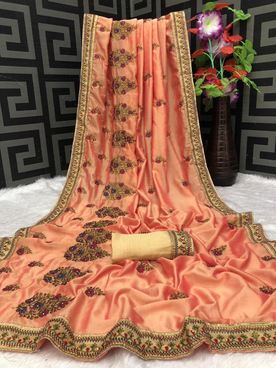 Bollywood Traditional Vichitra Soft Silk Embroidered Designer Party Wear Saree